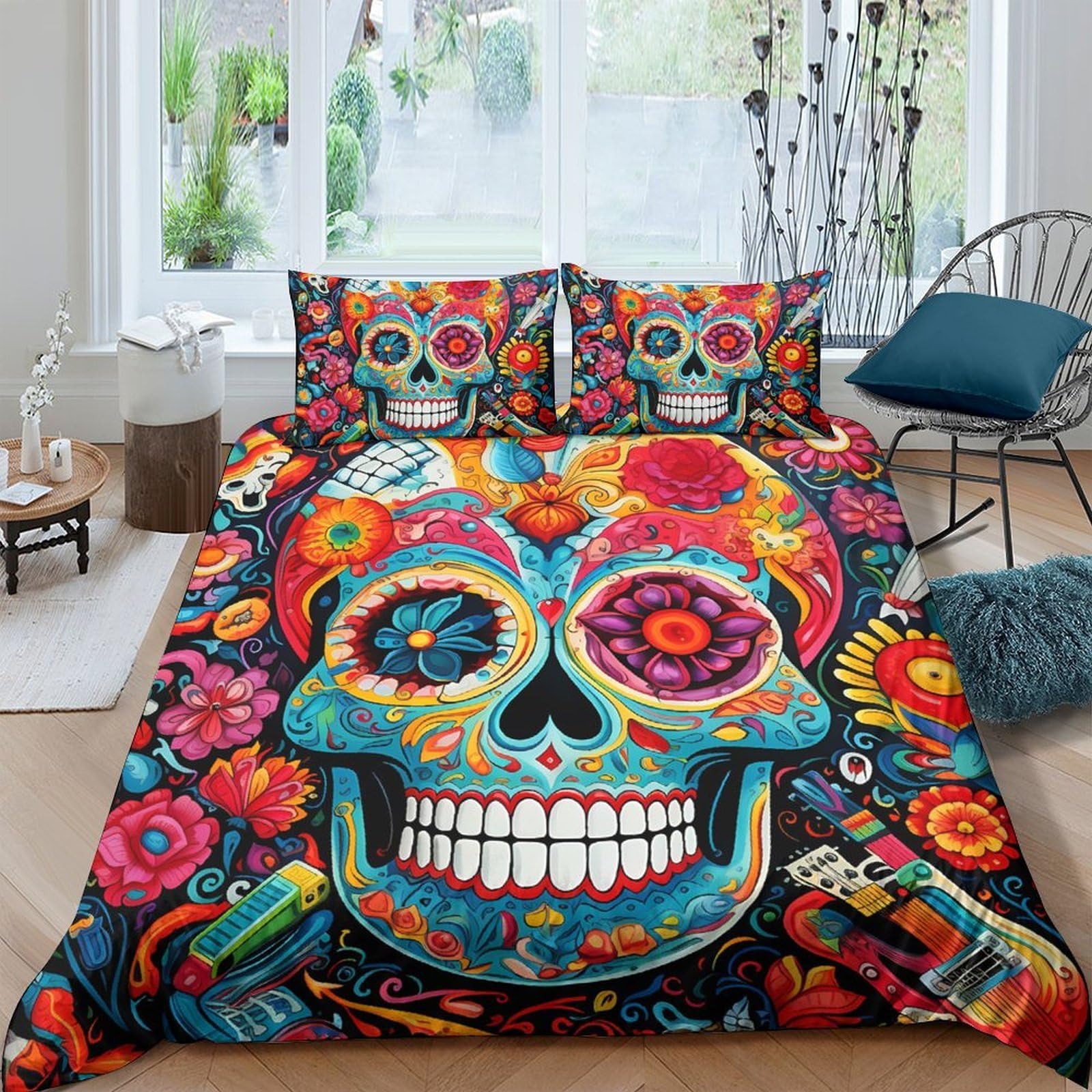 Ctjqhvkz Style-5 3D Printed Colorful Sugar Skull Fitted Sheet Microfiber Soft Floral Bed Sheet For Bedroom Dorm Home Decor Single（135X200cm）