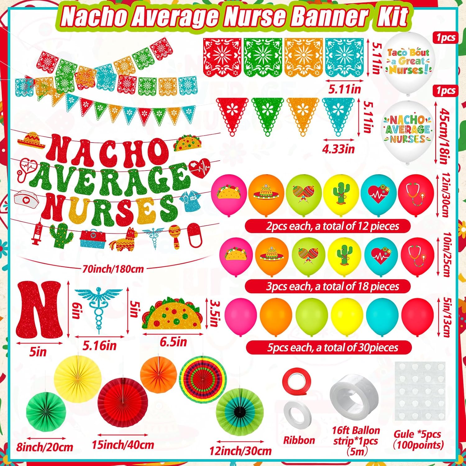 Motiskyy 72 Pcs Nacho Average Party Decoration 1 Set Red Green Glitter Nacho Average Nurse Banner 6 Paper Fans 65 Fiesta Taco Balloons Accessories for Mexican Nurse Graduation Party Supplies