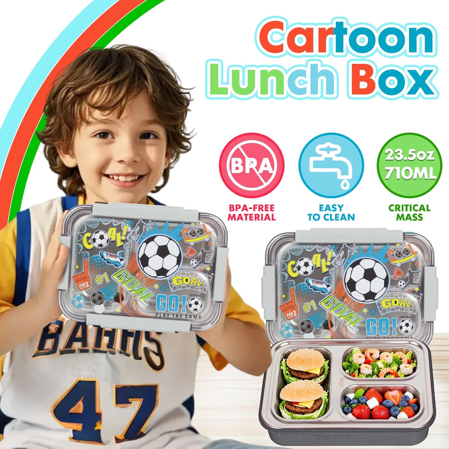 Stainless Steel Bento Lunch Box for Kids, 710 ml/23.5 oz BPA-Free Leak-Proof Food Containers with 3 Compartments, Back to School Students Daycare Lunches Snack Container Size for Ages 3-7 - Image 2