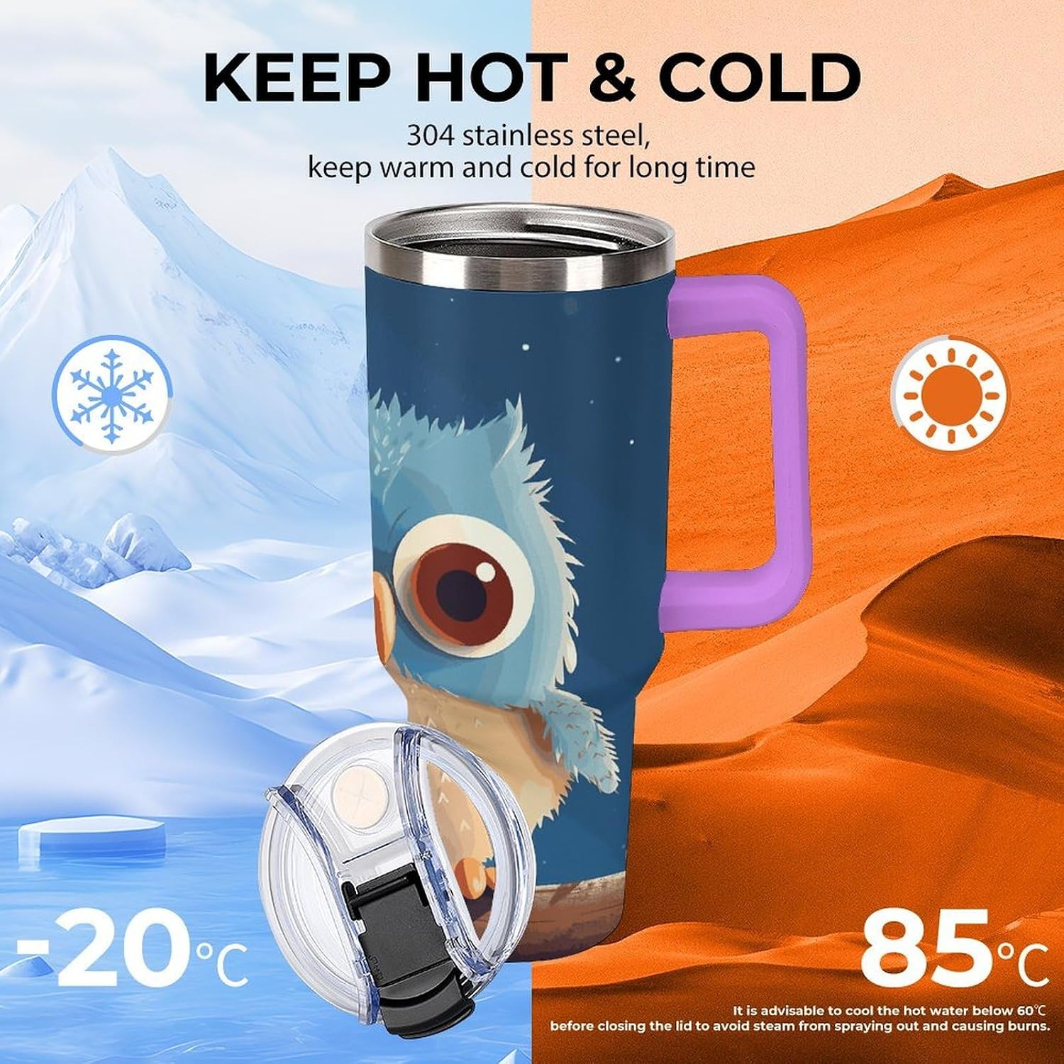 Cute Cartoon Owl Tumbler 40 Oz with Handle&Lid Large Car Cup Stainless Steel Vacuum Travel Mug Insulated Water Bottle Leak-proof Portable Coffee Cup for Home Car Outdoor