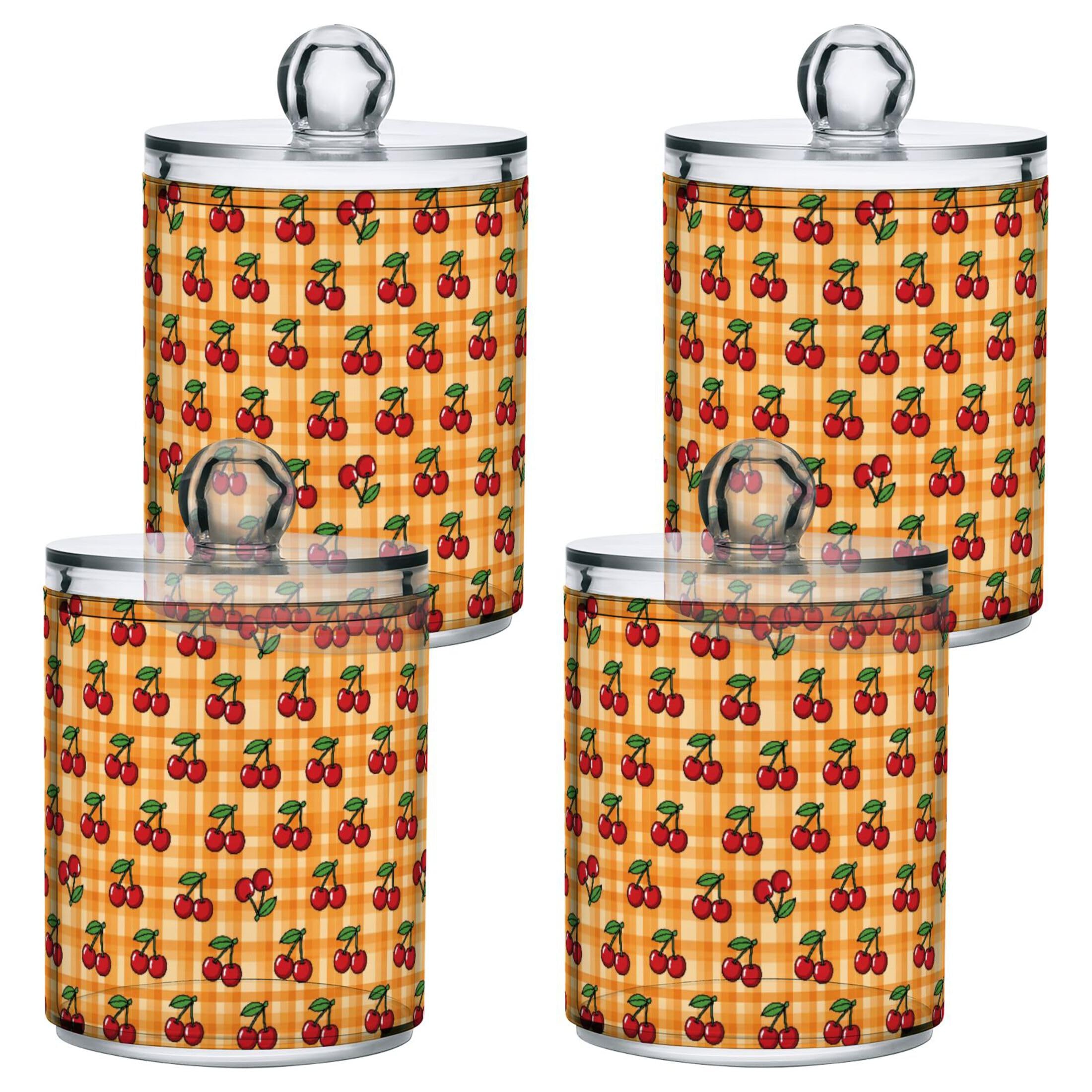 Tarros de boticario de plástico con diseño de cuadros de cereza para baño y tocador | Pack de 4