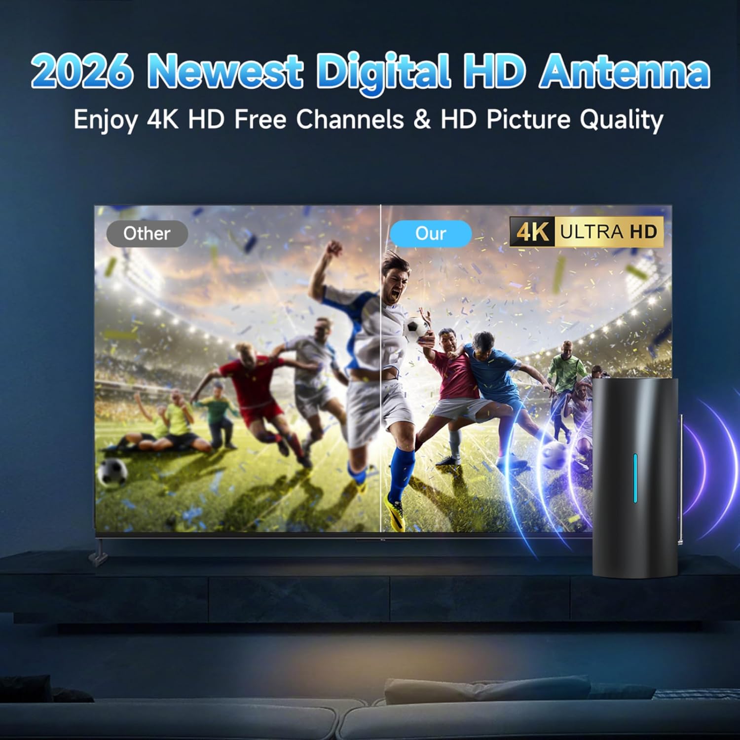 2026 Upgraded TV Antenna, Digital Antenna for Smart TV Indoor/Outdoor with Strongest Booster, HD TV Antenna for Local Channels with Telescopic Antenna Pole, Supports 8K 4K 1080P-40ft Coax Cable