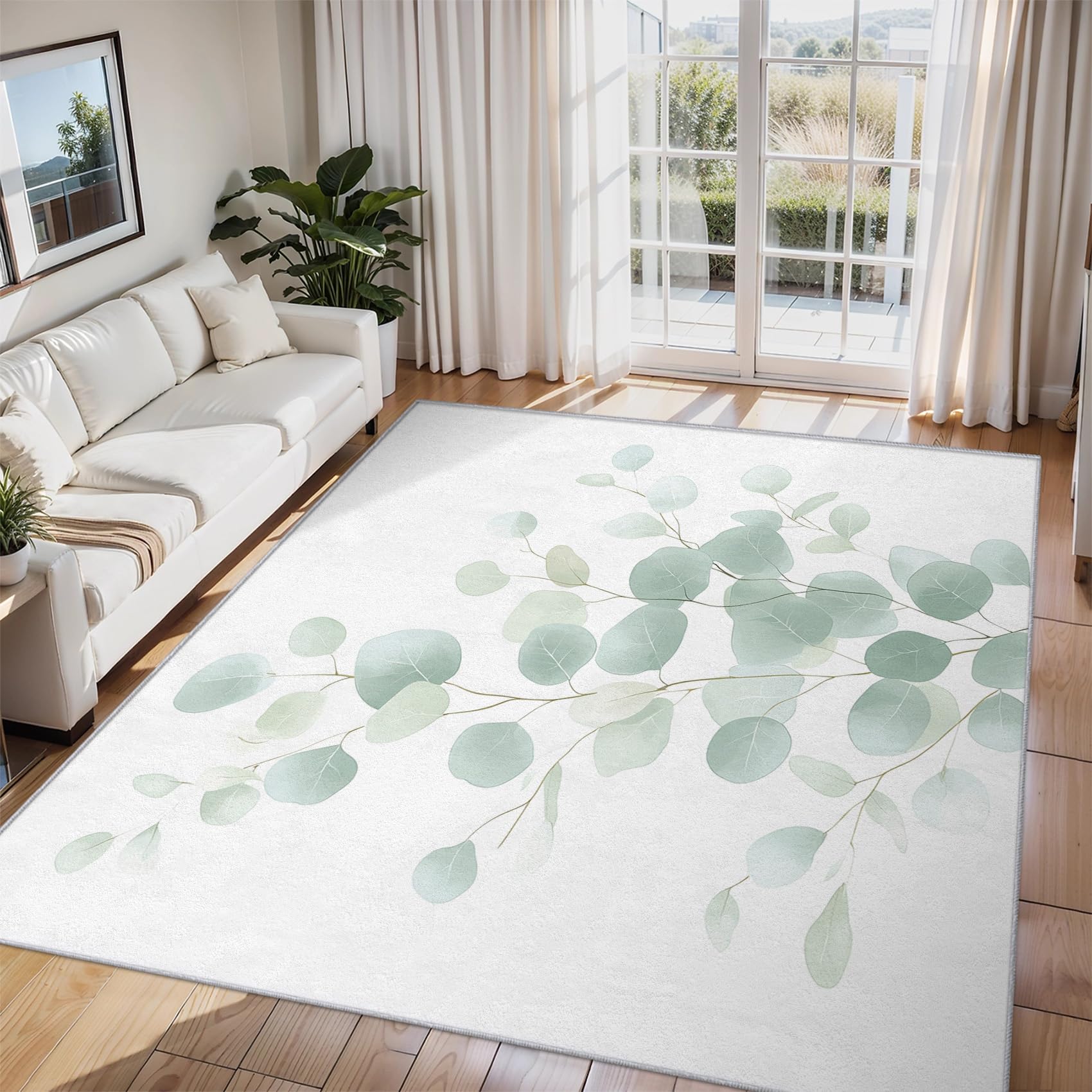 Tapis salon feuilles d'eucalyptus pour créer un coin bureau cosy et apaisant