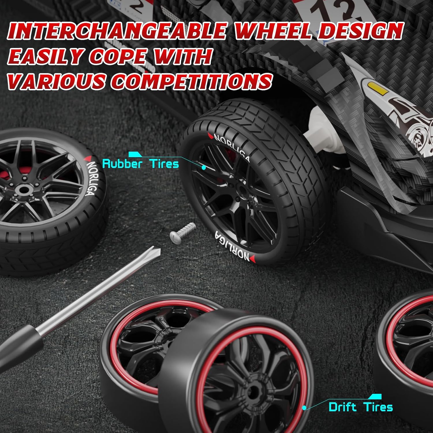 Contents of the LFOLUSU RC Drift Car package including car, remote, batteries, charger, screwdriver, cones, and wheels