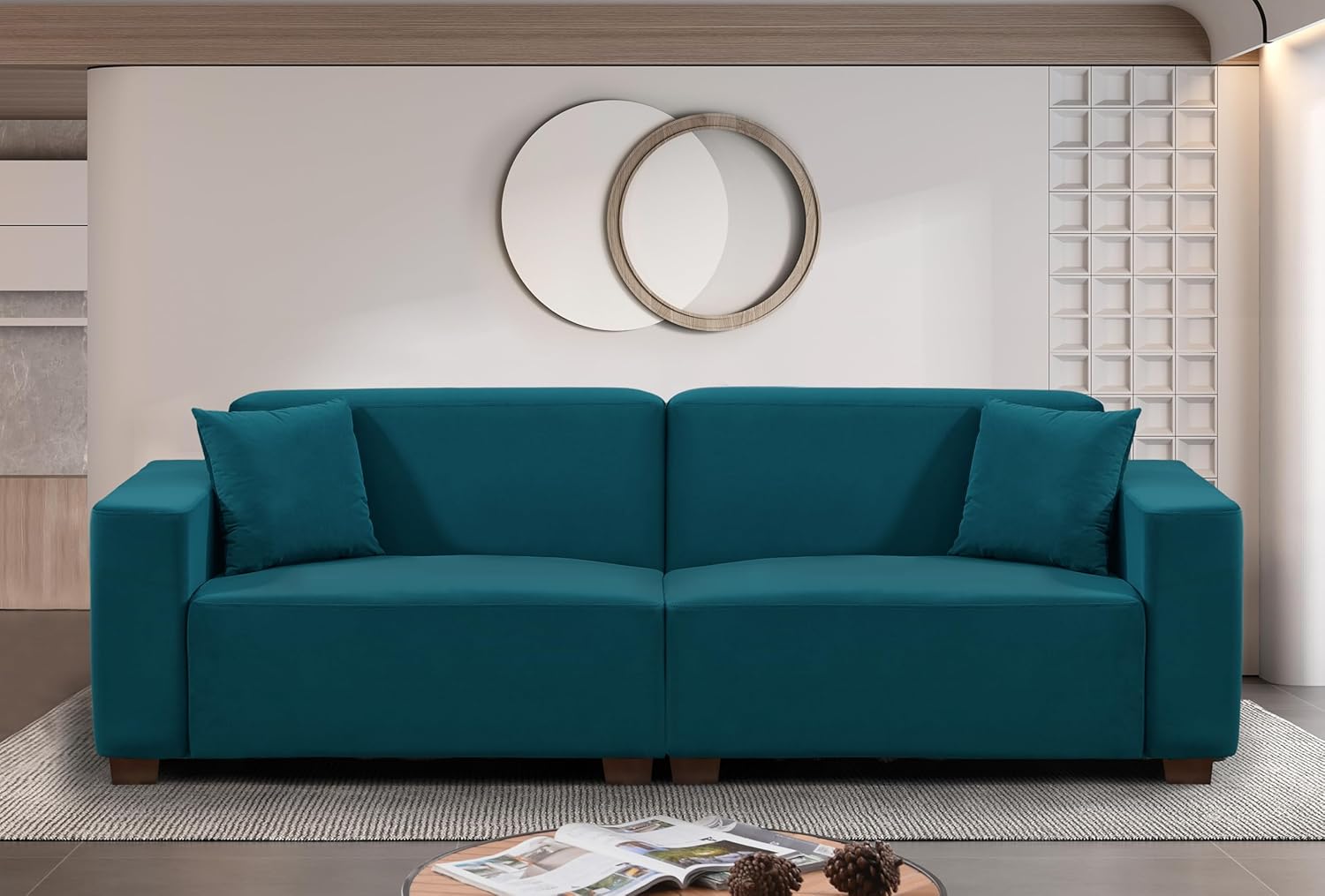 83" Minimalist Velvet Couch – 3 Seater Sofa with Two Accent Pillows, Loose Back Cushions, Modern Soft Velvet Fabric Upholstery & Sturdy Gourd Legs, Ideal for Living Room & Apartment Use, Greenish Blue