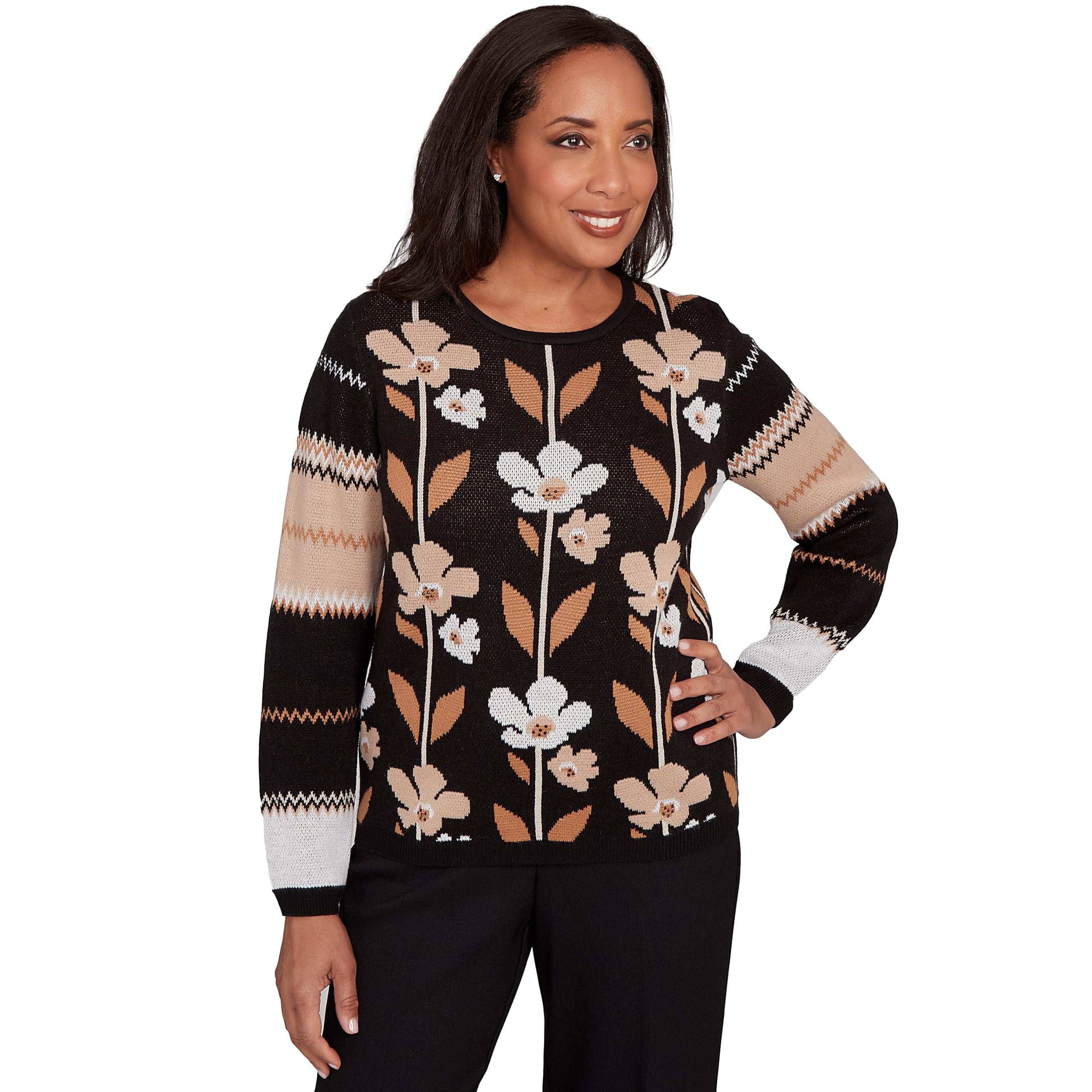 Alfred Dunner Womens Vertical Flower Zig Zag Sweater