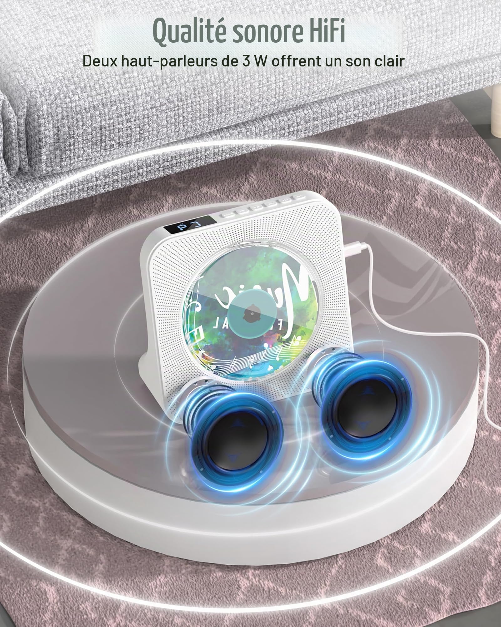 Greadio Lecteur CD Portable avec Bluetooth 5.0,CD-Musique-avec-Télécommande,Haut-Parleur Son HiFi,Protection Contre la poussière,Ecran LED,Radio FM,Supporte AUX/USB,Prise Casque pour Cadeau (Blanc)