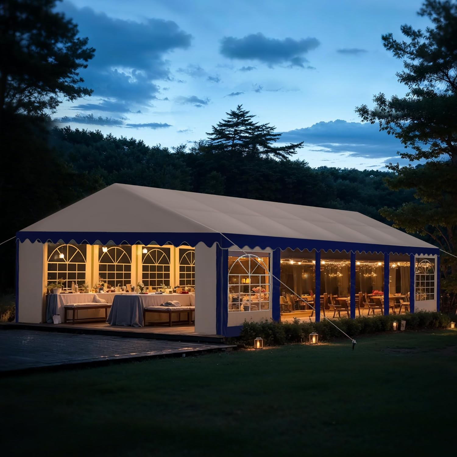 Close-up view of the tent's construction details: 1.5 inch heavy-duty galvanized steel tube, 180g PE fabric, high-quality elastic ball straps, and solid base plate.