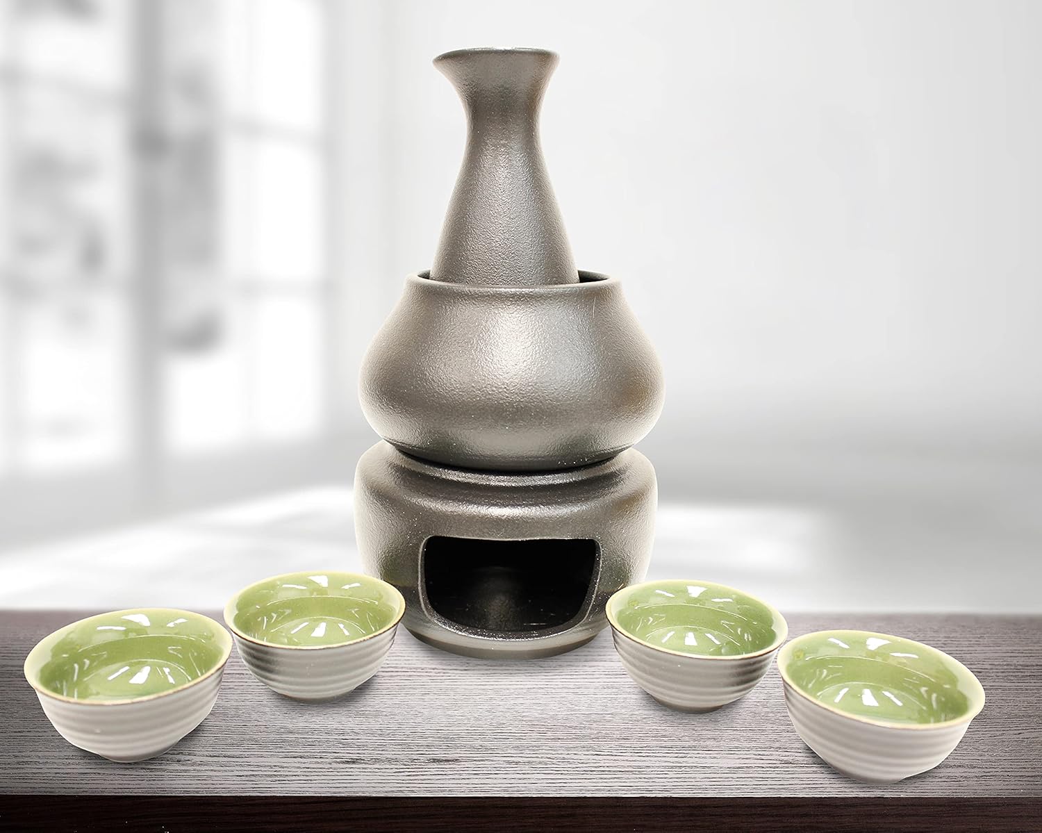USA MJ TABLE Traditional Japanese Style Sake Set with Warmer This Pottery Sake Set Come Set Includeing 1pc Candle Stove, 1pc Warming Mug,1pc Sake Pot and 4Pcs Sake Bowls Light Green & Dark Black