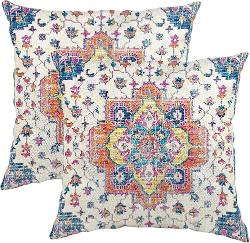 Knagsfa Juego de 2 fundas de almohada persas de 18 x 18 pulgadas, patrón vintage bohemio antiguo, étnico, decorativo, naranja, azul, para decoración