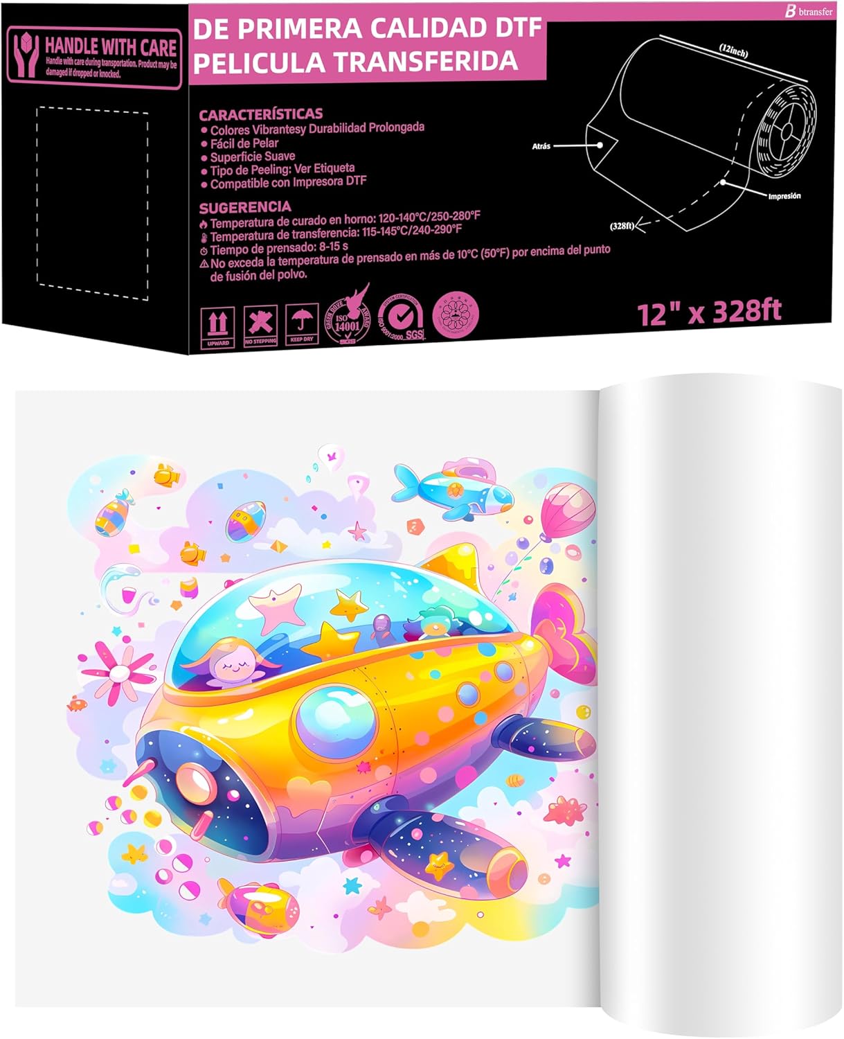 DTF Transfer Film Roll 12" x 328ft,Premium Double Sided Heat Transfer Roll Film Paper for DTF Printing Direct to Film for T-Shirts Textile,Easy Peel&Stretchable,Vibrant Colors for T-Shirt, Hoodie, Bag