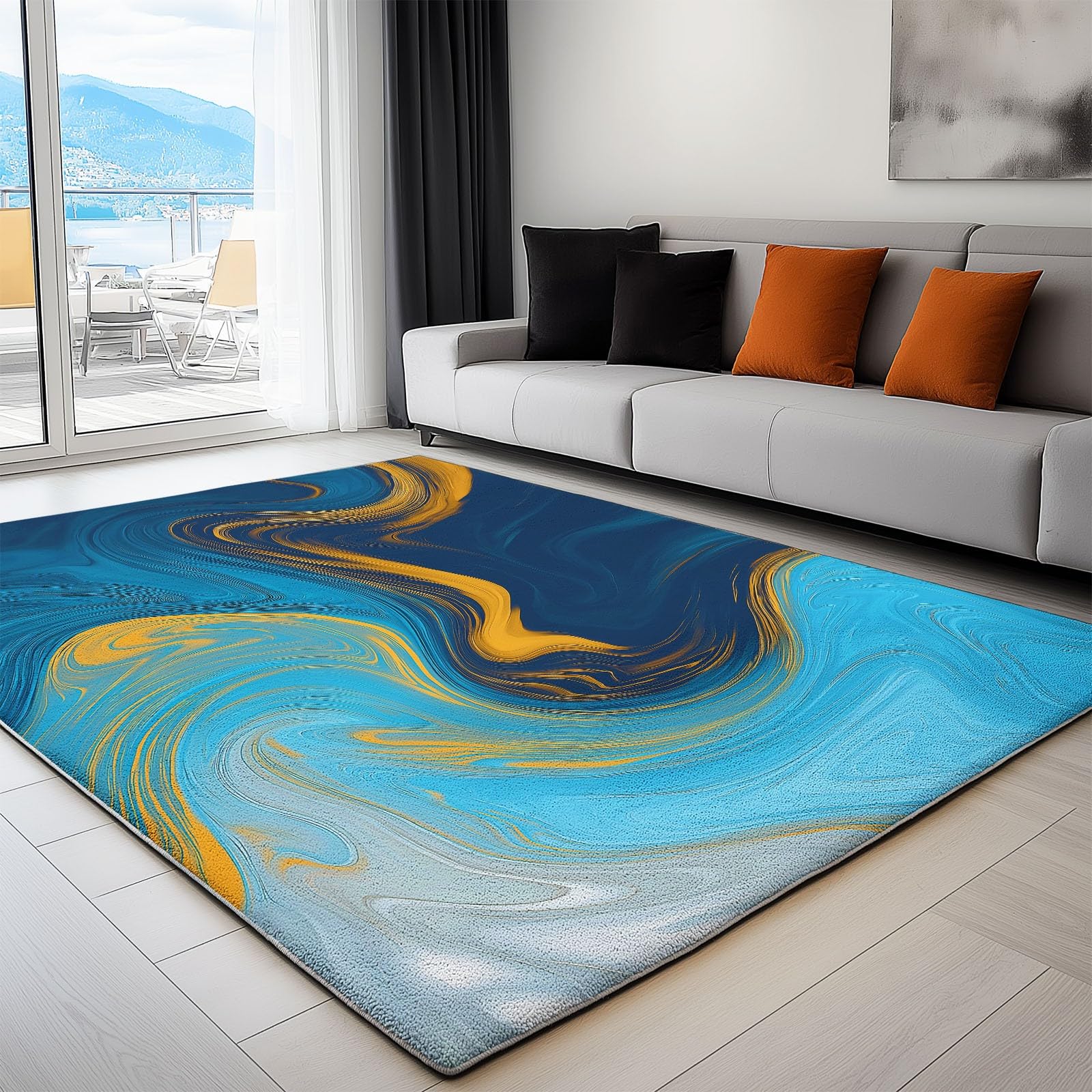Tapis de salon et chambre bleu fluide 60 x 90 cm pour couloir chic