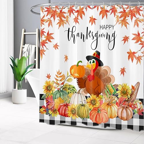 Miniatura 2 de LB Thanksgiving Turkey Shower Curtain for Bathroom,Autumn Harvest Pumpkin Sunflower Floral and Maple Leaf Fabric Shower Curtain with Hooks,Farmhouse