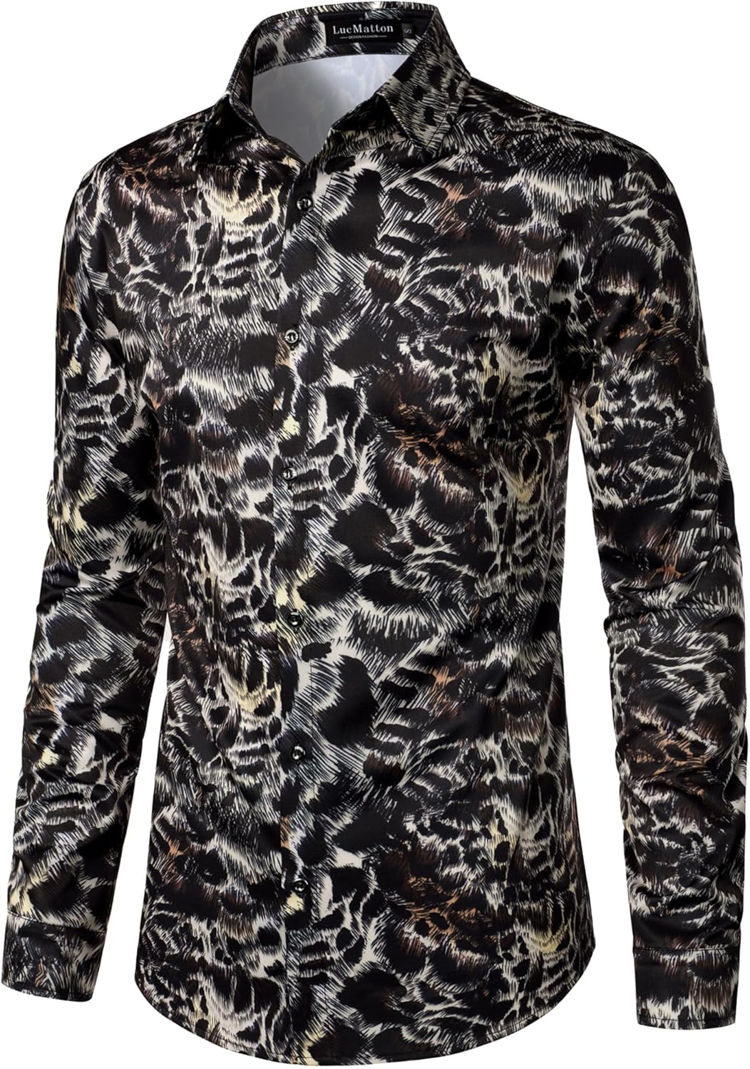 LucMatton Men's Leopard Print Long Sleeve Button Up Shirt Vintage Cheetah Animal Pattern Slim Fit Dress Shirt - Image 3