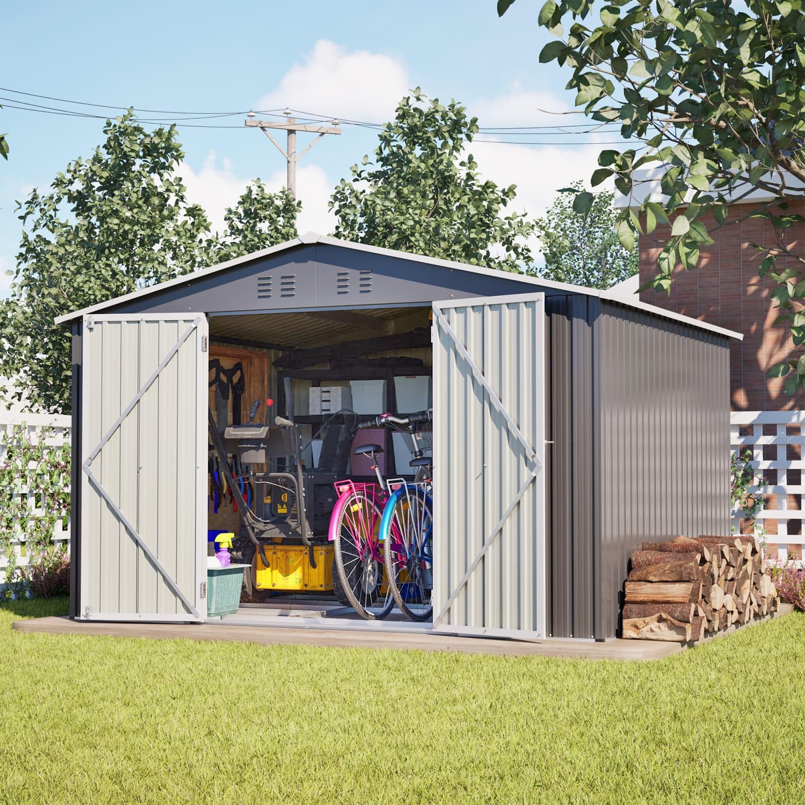 KOMHTOM 10x8 FT Abri de Jardin Métal avec Fondations (Gris-10x8 FT) | Rangement Outils de Jardi, avec Serrure, 4 Aérations, Résistant aux Intempéries, avec Piquets Métalliques