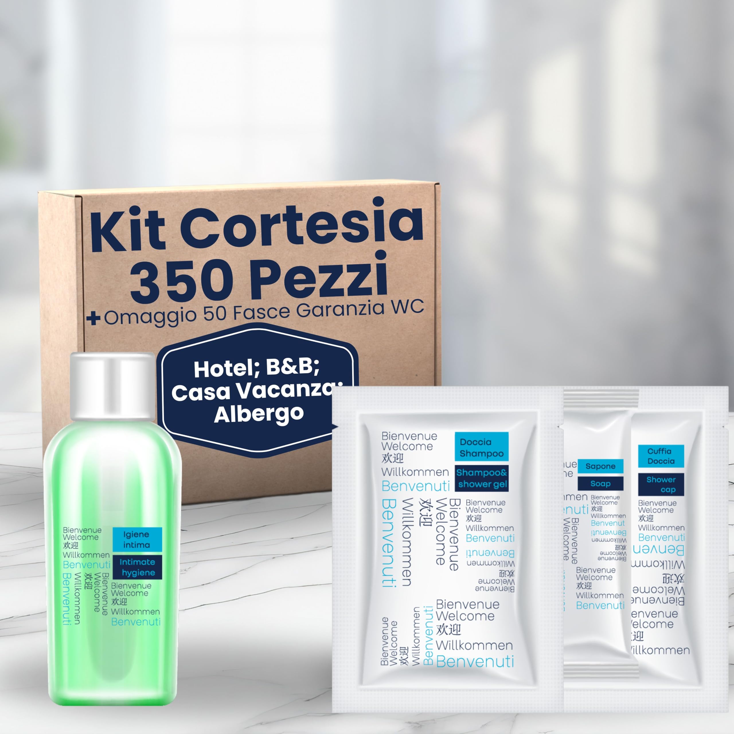 B&B Hotel Einweg-Bad-Set 350 Stück 100 x Dusch-Shampoo Flasche 30 ml 100 x Hygiene Intimpflege Flasche 20 ml 100 x rechteckige Seife 50 x Duschkopfhörer + gratis Bänder