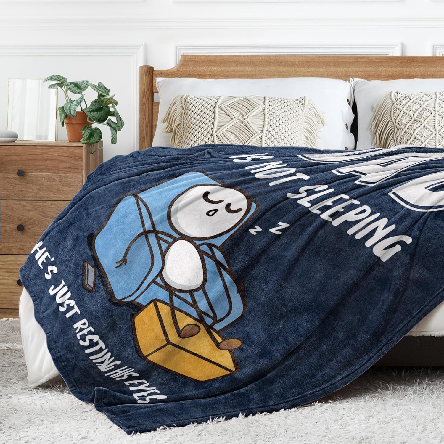 Funny Birthday Gifts for Dad Husband, Dad is Not Sleeping Blanket, Dads Gifts from Daughter Son, Super Soft Throws Blanket for Couch and Napping, 60" x 80" (Blue)