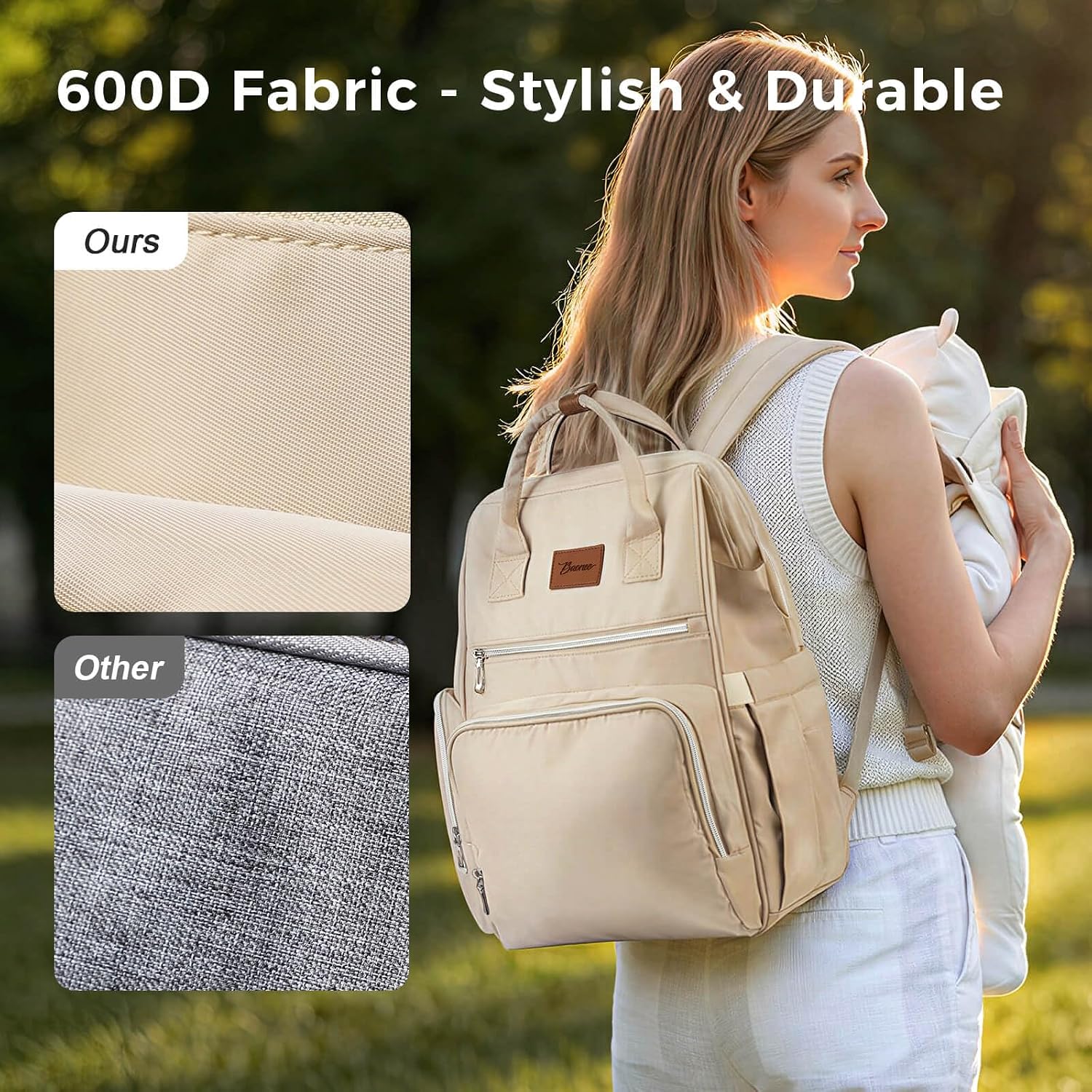 Diaper Bag Backpack, Large Capacity Baby Bag with 14 Pockets, 3 Insulated Bottle Pockets, Changing Pad, Wet/Dry Pocket, Stroller Straps and Luggage Sleeve, Unisex for Mom and Dad, 27L Beige