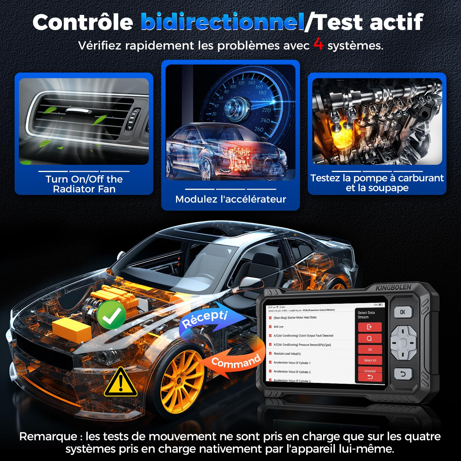 KINGBOLEN S608 Valise Diagnostic Auto, OBD2 Diagnostic Français pour 4 Systèmes ABS SRS Transmission Moteur, Tests Actifs Bidirectionnels, 9 Réinitialisations, CANFD＆FCA, Mise à Jour Gratuite