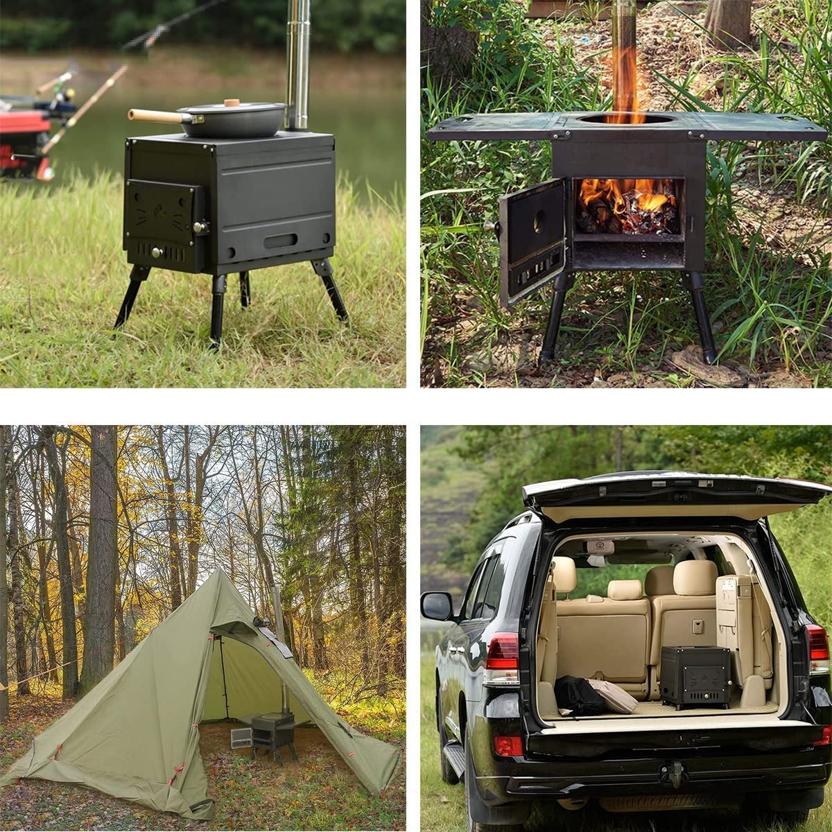Poêle à Bois à Double Paroi, Pieds Démontables, Acier Carbone | 3 Tuyaux, avec Crochet et Gants, Réchaud Camping Portable pour Chauffage, Barbecue, Camping, Randonnée, Chasse