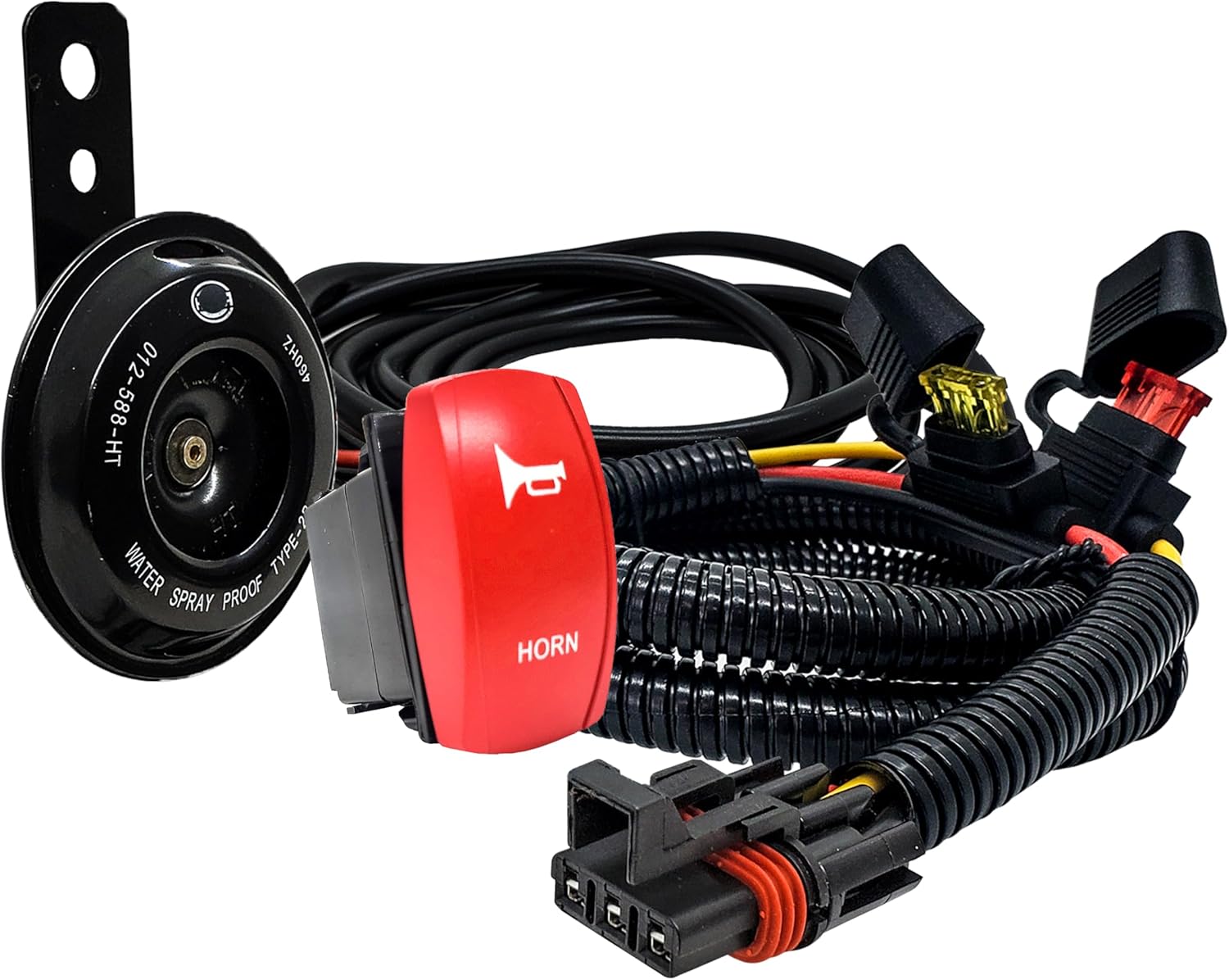 OZ-USA 3" Disc Horn with Pulse Power Busbar Plug Wire Harness Kit and Momentary On/Off Red Rocker Switch Compatible with Polaris RZR Trail S 900/1000 XPEDITION XP ADV Ultimate Northstar Premium