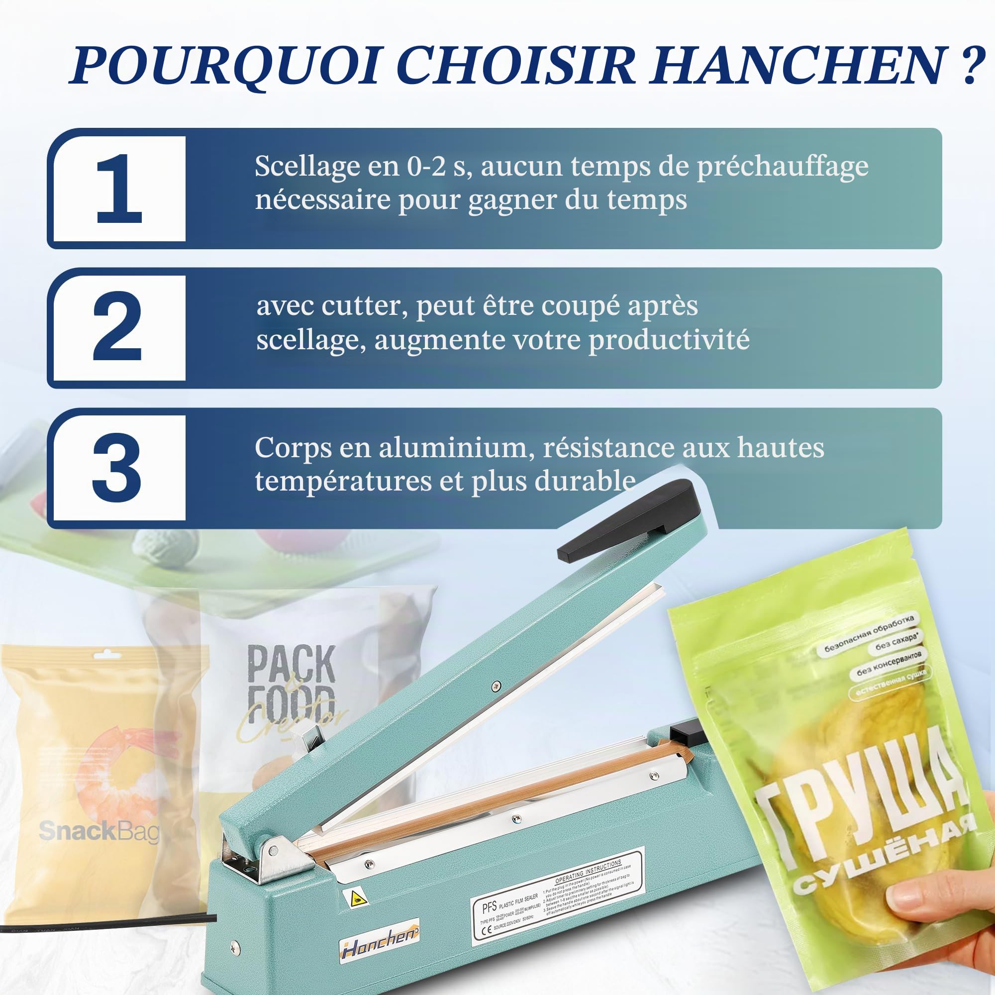 Hanchen Machine à sceller les sacs en plastique avec cutter pour sacs en Mylar en papier kraft 220 V (500 mm)