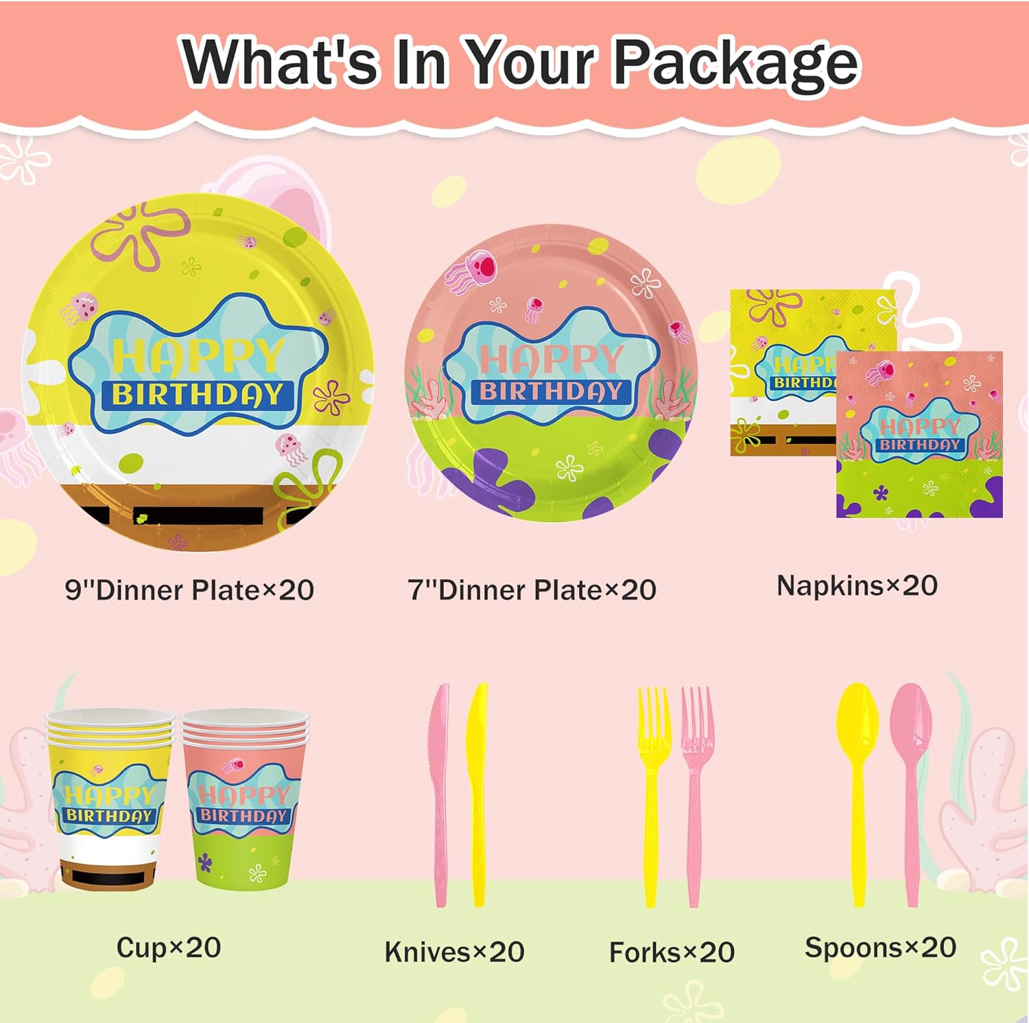 Yellow Cartoon Party Supplies Ocean Tableware Set for Kids Boys Girls Birthday Party Decorations Yellow Undersea Happy Birthday Themed Napkin Cups Forks Knives for 20 Guests