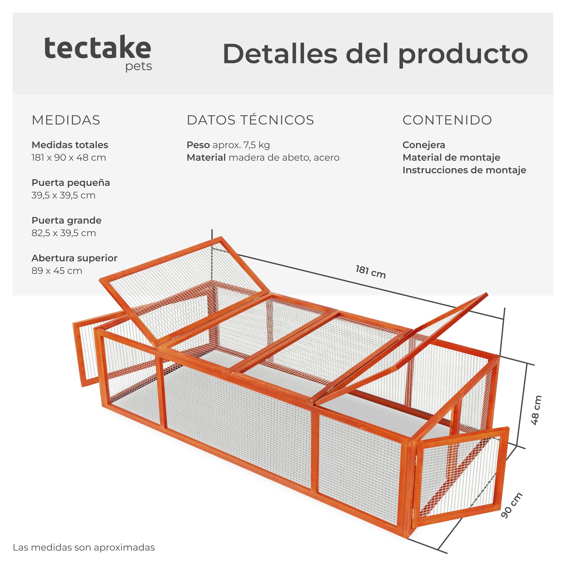 Tectake Conejera Exterior Madera con Dos Puertas y Rejilla Metálica, Jaula Conejo Exterior, 181 x 90 x 48 cm Marrón