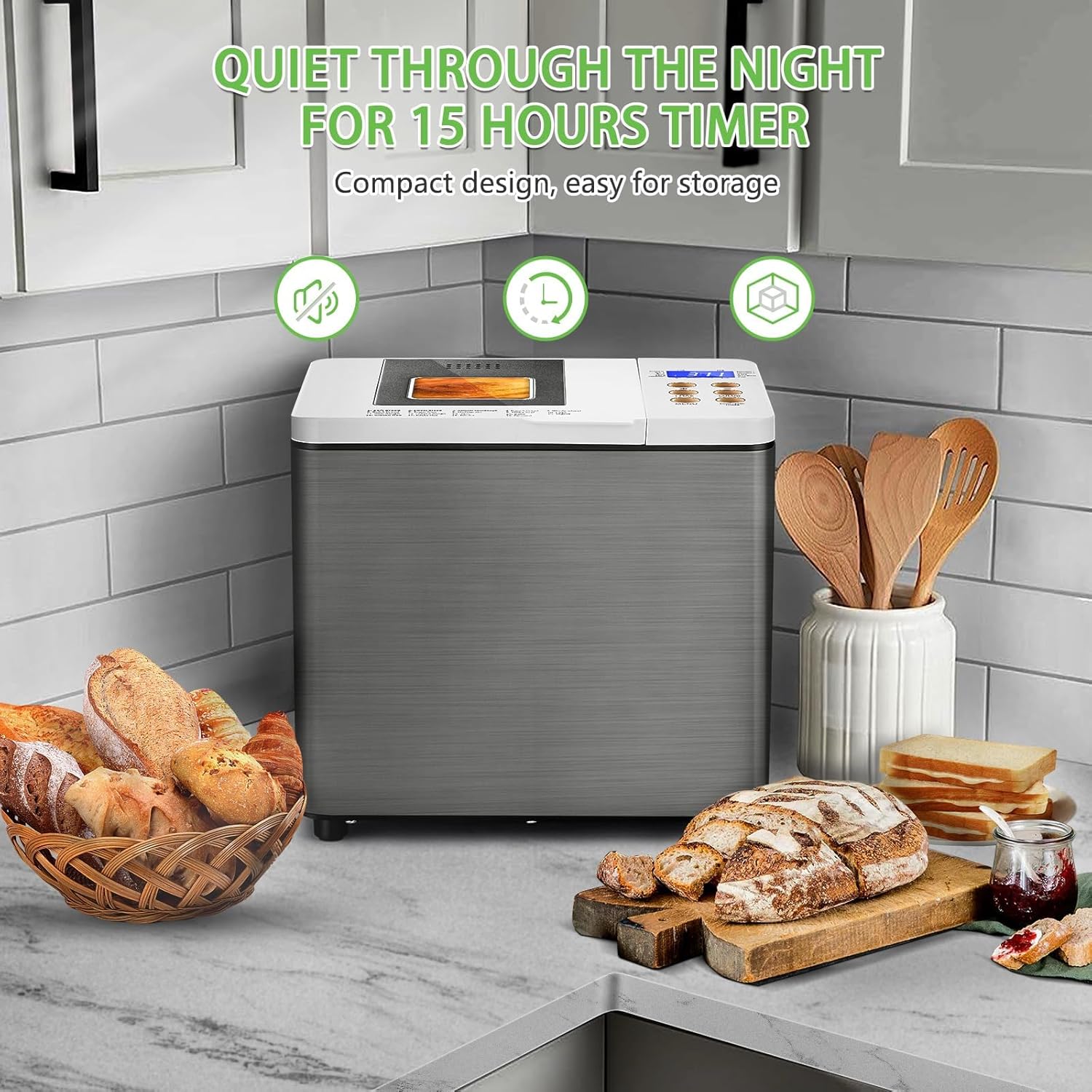 KEEPEEZ Bread Machine on a kitchen counter, highlighting its quiet operation and 15-hour timer feature.