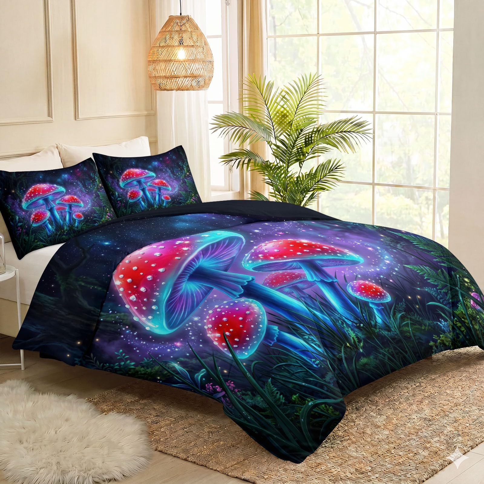 Fantazyjny zestaw pościeli 3-częściowy sztuka cyfrowa grzyb lasu, miękka poszwa na kołdrę 200 x 200 cm i 2 poszewki na poduszki, 2-osobowy zestaw pościeli z zamkiem błyskawicznym, wielokolorowy
