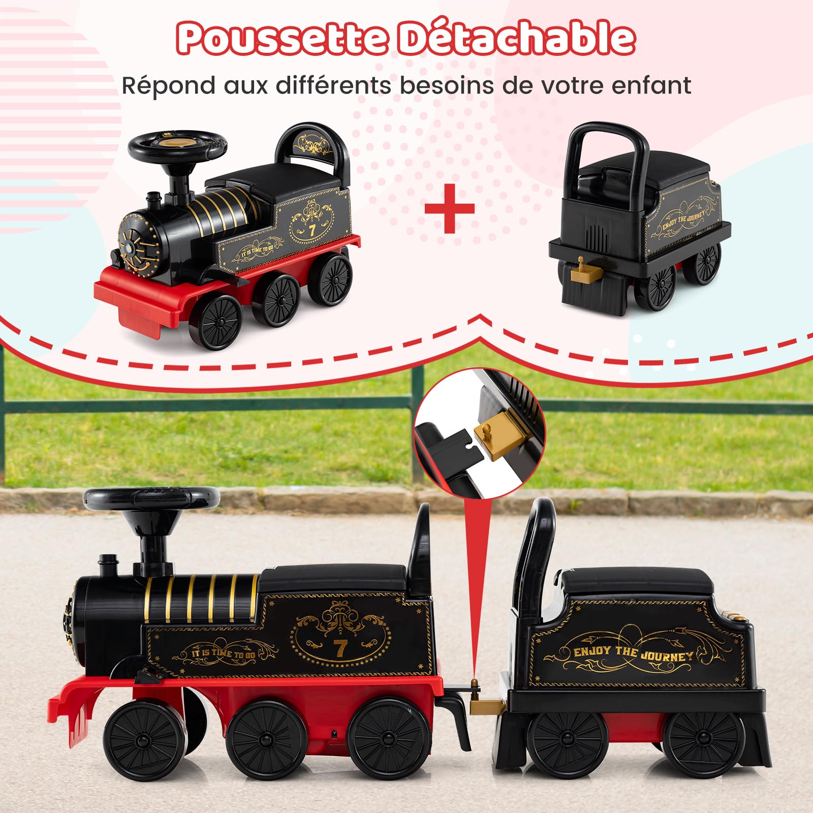 COSTWAY 6V Train Porteur Électrique Enfant 2 Places avec Sifflet et Musique