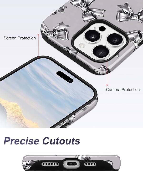 Aitipy Compatible with MagSafe Bow Phone Case for iPhone 16 Pro Max, Cute Magnetic Aesthetic 3D Bows Design Soft TPU and Hard PC Shockproof Protective Phone Cover for Women Girls-Silver by Aitipy - Used condition - Image 5