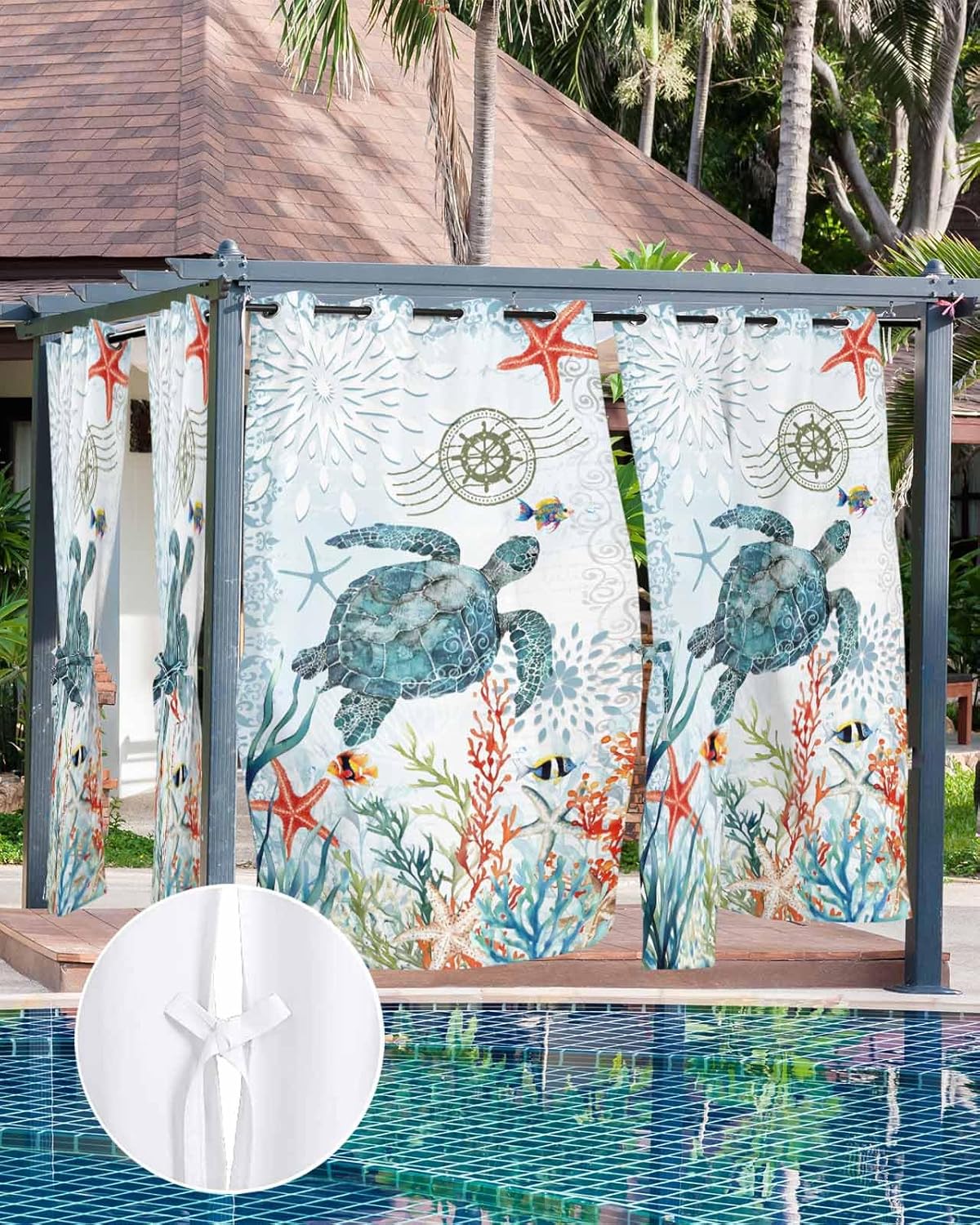 Outdoor Curtains for Patio Waterproof Summer Ocean Turtle Light Filtering Thermal Insulated Privacy Drapes with Grommets 54x84-1 Panel, Outdoor Curtain for Pergola Porch Gazebo, Retro Blue