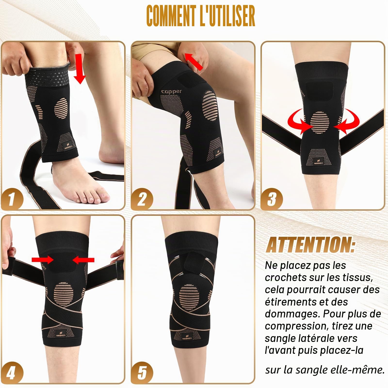 NEENCA Genouillère de compression en cuivre avec sangles pour femme/homme, pour douleurs au genou, arthrite et ligament croisé antérieur. Genouillère pour la course à pied et l'entraînement (unité)