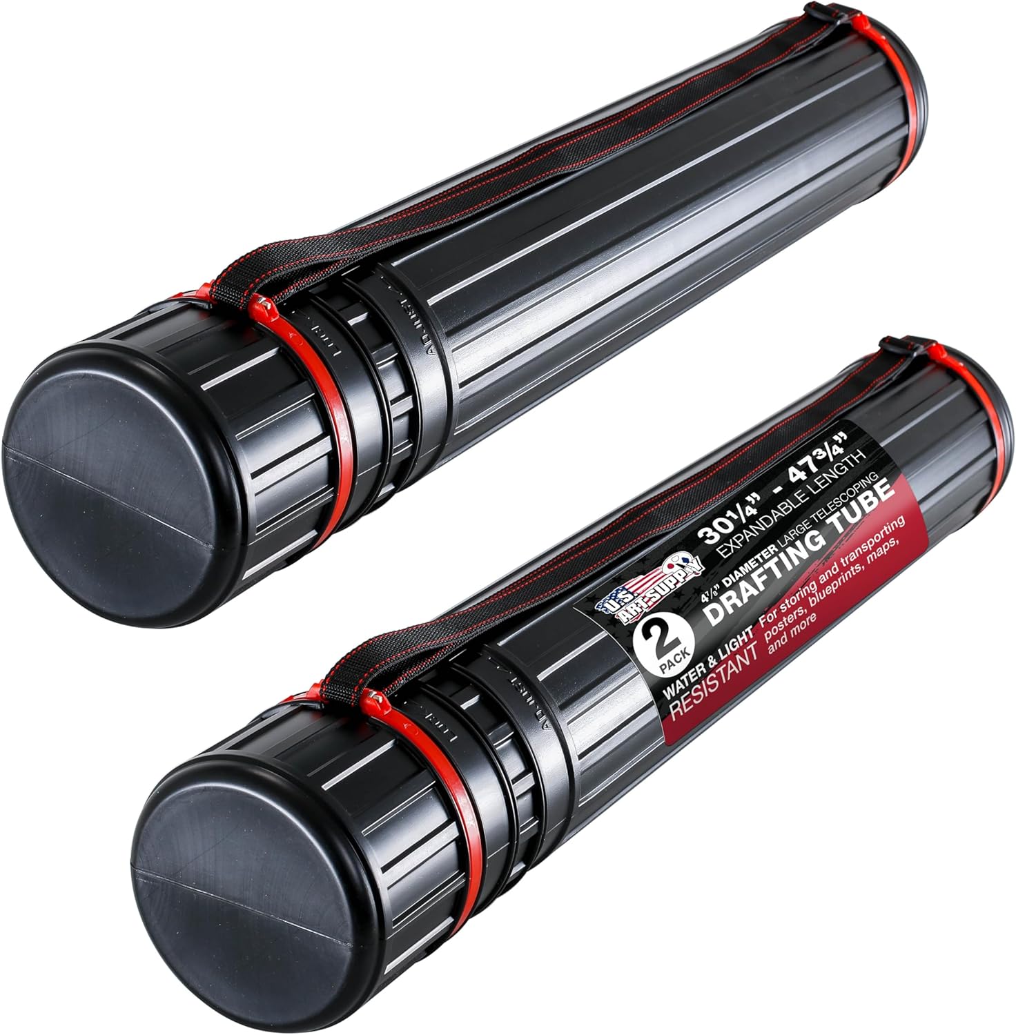 U.S. Art Supply Large Telescoping Drafting Tube (Pack of 2) - 4-7/8" Outside/4-1/2" Inside Diameter, Expands 30-1/4" to 47-3/4", with Shoulder Strap