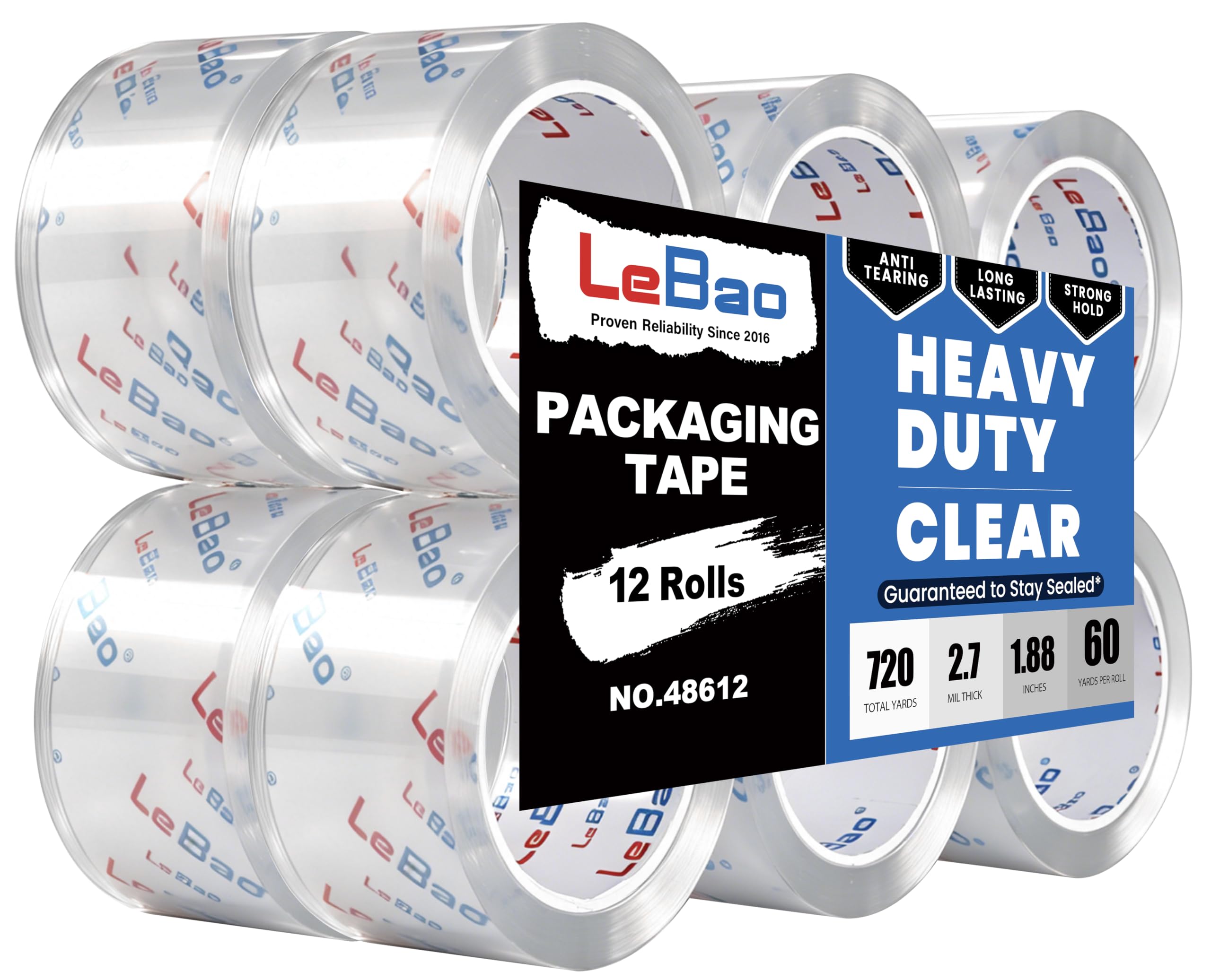 Cinta de embalaje resistente con dispensador, cinta de embalaje transparente HD fuerte, 12 rollos de 1.9 pulgadas x 60 yardas x 2.7 mil, sellado seguro para cajas de mudanza de cartón, suministros de