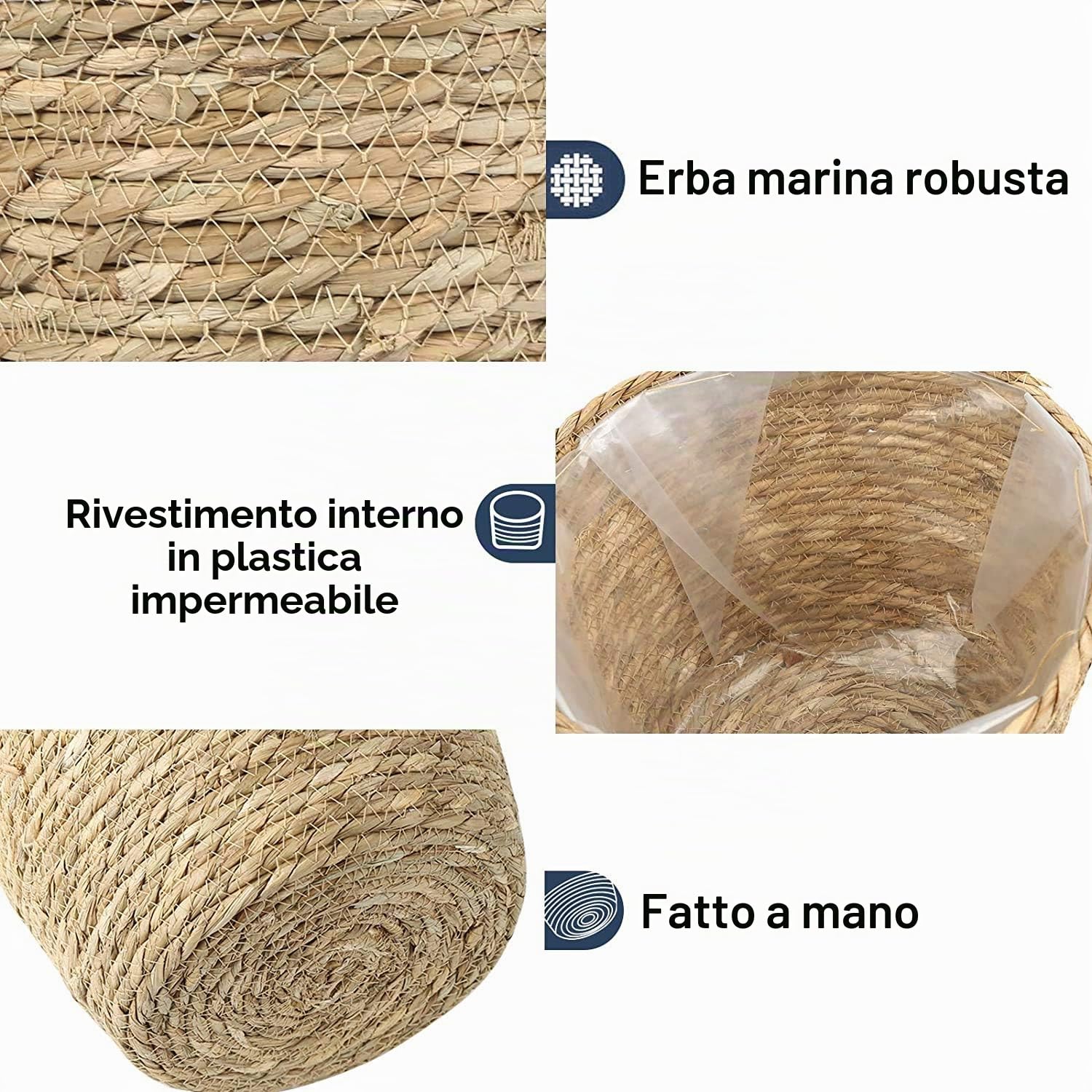 Fioriera naturale intrecciata a mano con fodera per piante in rattan, piccole, medie, grandi, 3 pezzi