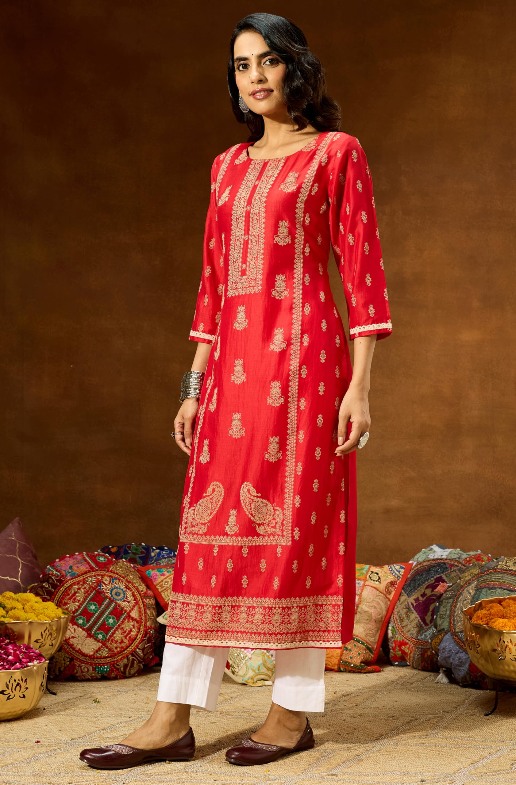 Janasya Women's Silk Blend Ethnic Printed Straight Kurta product image 4