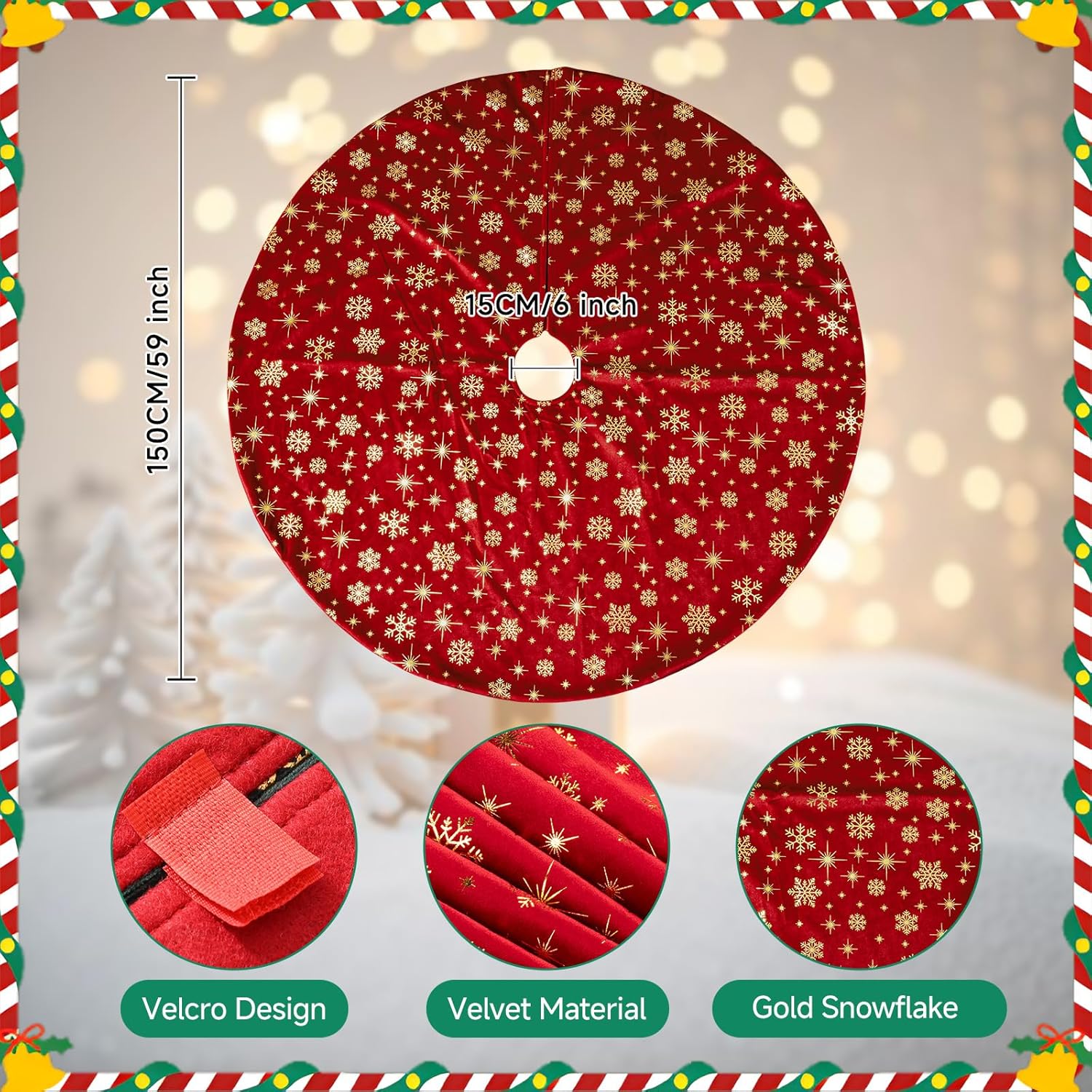 Lanpn Christmas Tree Skirt 60 inch, Velvet Xmas Tree Skirt with Snowflake Winter Christmas Tree Mat for Extra Large Artificial Trees Winter Home Party Holiday Indoor Xmas Decorations (Red, 150cm)