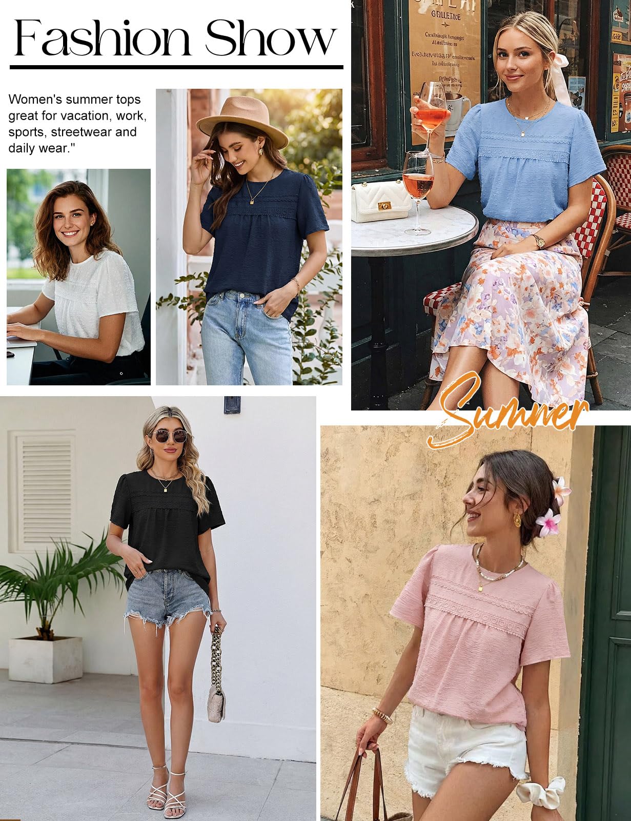 CMTOP Chemisier Femme Ete Blouse Manches Courtes Col Rond Tunique Chic et Elegant Haut Bohème Dentelle Fluide Tops Lâche Décontracté Blouse