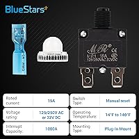 Vista 3 de BlueStars Paquete de 5 disyuntores térmicos de 15 amperios 125/250 V CA 32 V CC, protector de sobrecarga con botón de reinicio manual, terminales