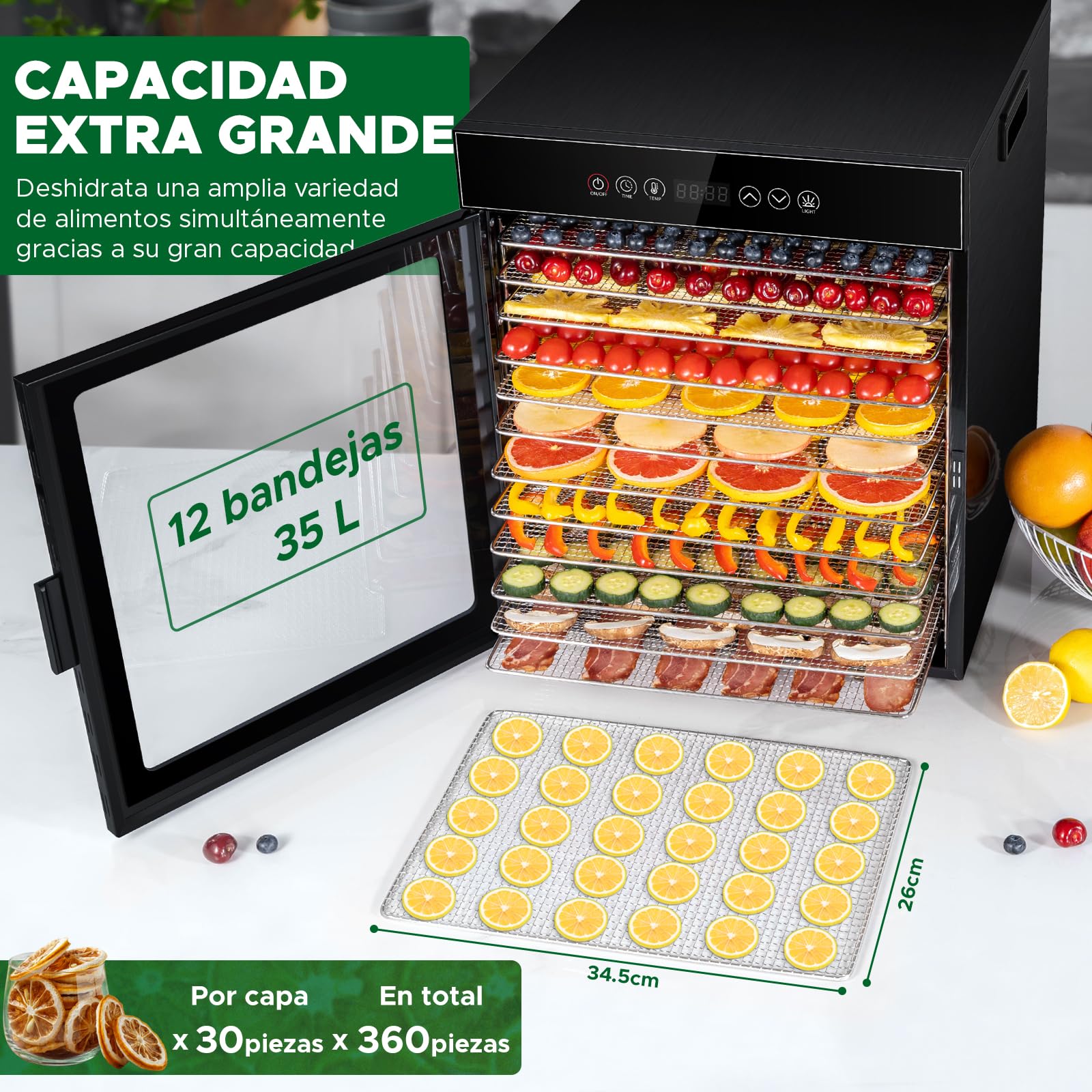Kwasyo Deshidratador de Alimentos de 12 Bandejas de Acero Inoxidable, Todo en Negro, Estructura de Doble Capa, Gran Capacidad, Deshidratador para Frutas, Pescado, Verduras, Carne, Jerky, Hierbas