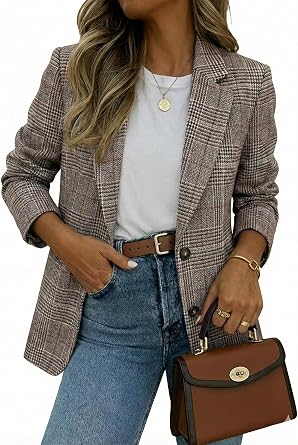 2026 Fall Womens Plaid & Solid Blazer - Fully Lined Loose Lapel Dressy Casual Work Office Jackets with Pockets