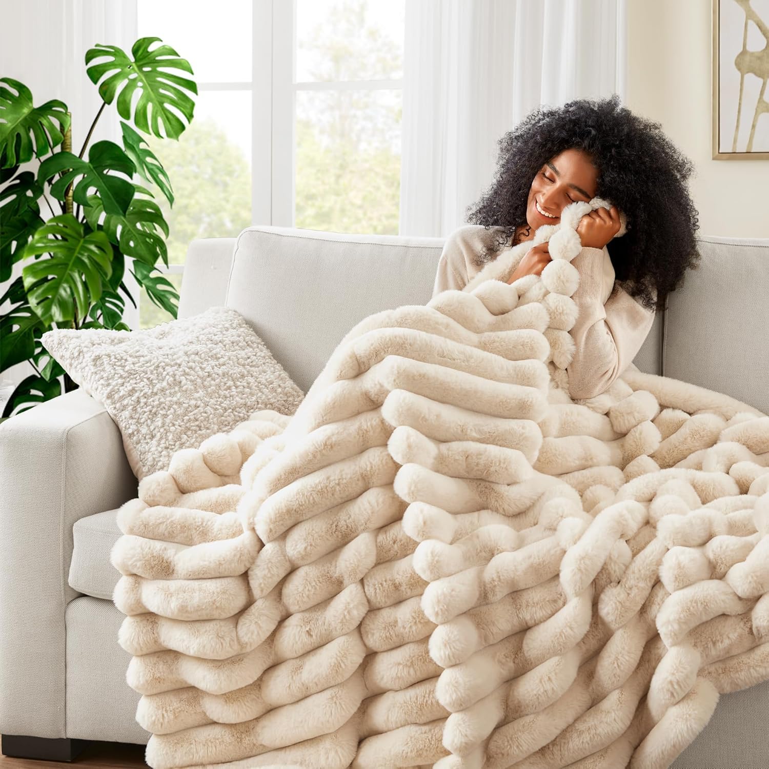 Lanqinglv Kuscheldecke Flauschig Decke Beige,Super Warme Plüsch Decke Wohndecke Dick,Flanell Decke Winter Couchdecke Überwurfdecke Sofadecke Tagesdecke Für Bett Couch,150x200 cm