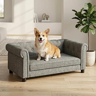 38.9" Linen Fabric Upholstery Elevated Dog Sofa with Button‑Tufted Backrest & Rolled Armrests, Pet Couch Bed with Removable Soft Cushion, Comfy Modern Deep Seat Raised Dog Bed for Living Room,Bedroom