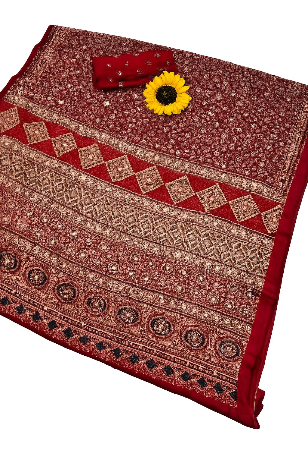 Ajrakh Modal Silk Saree with Mirror Work Red Gajji Silk Pallu-image-20