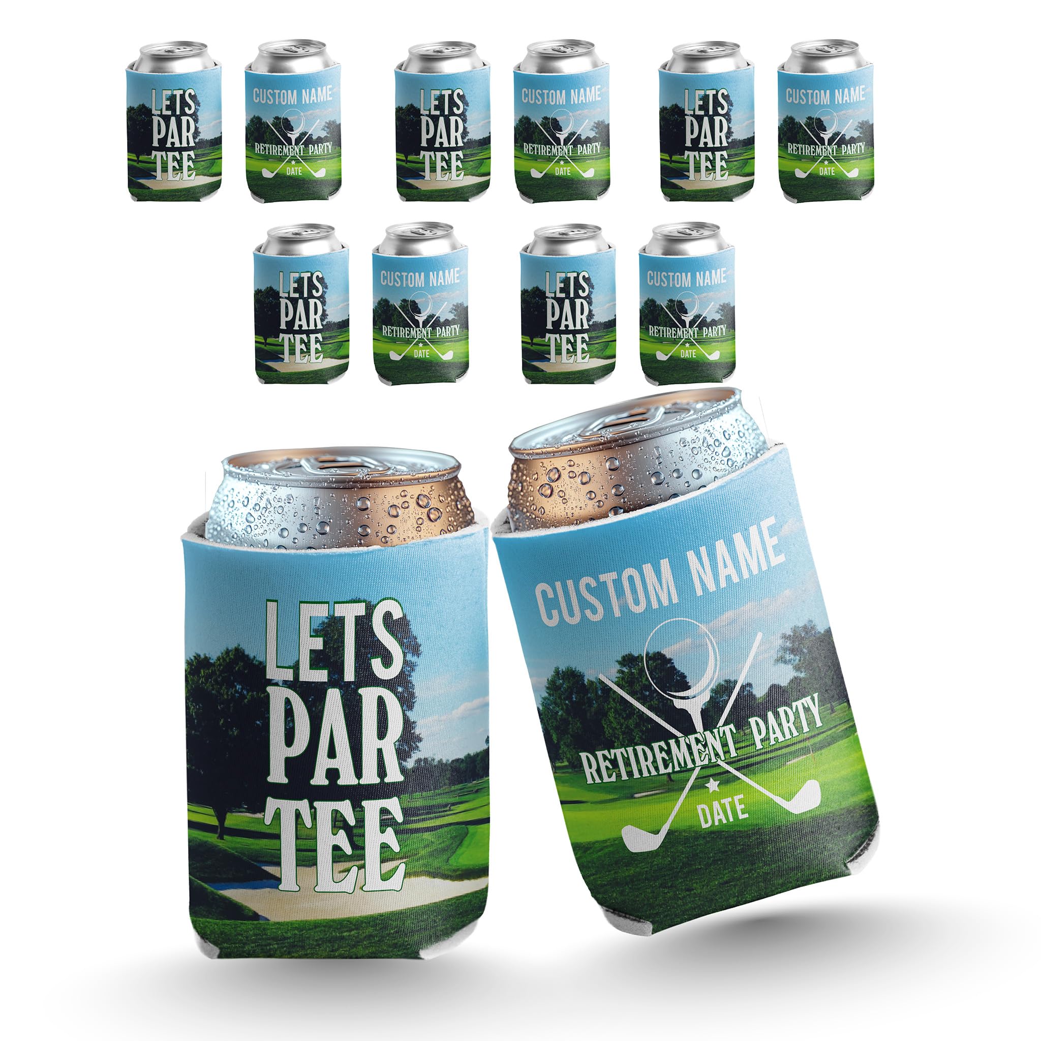 Custom Golf Can Coolers – “Let’s Par-Tee” Design – Personalized Drink Sleeves for Golf Outings, Tournaments & Bachelor Parties – Fits 12-16 oz Cans &