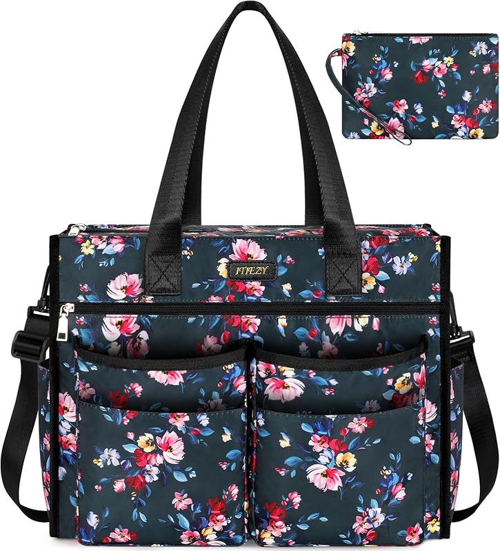 Large Utility Tote Bag for Women with 18 Pockets, Waterproof Teacher Nurse Bags with Zipper for Everyday Travel Work