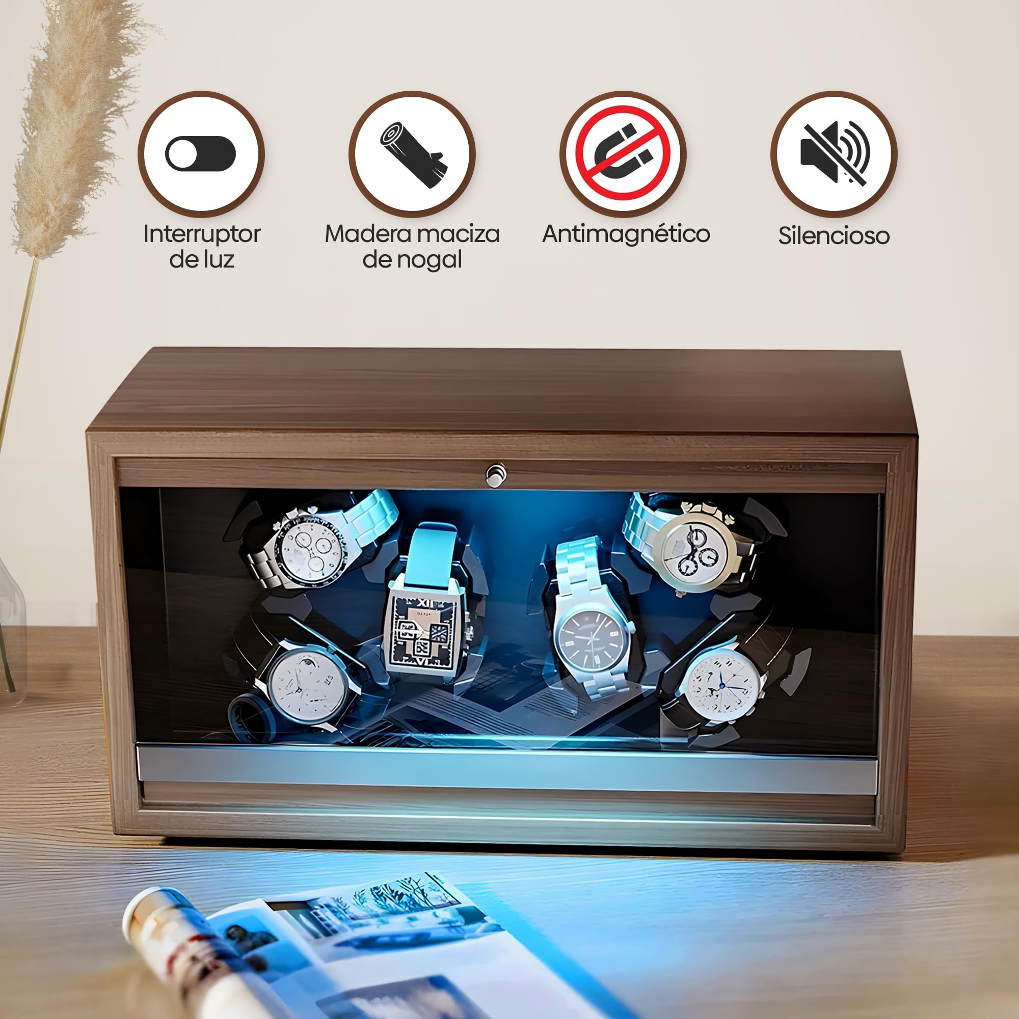 Olvy Caja giratoria para 6 relojes, motor Mabuchi extremadamente silencioso, cojín flexible para reloj, madera