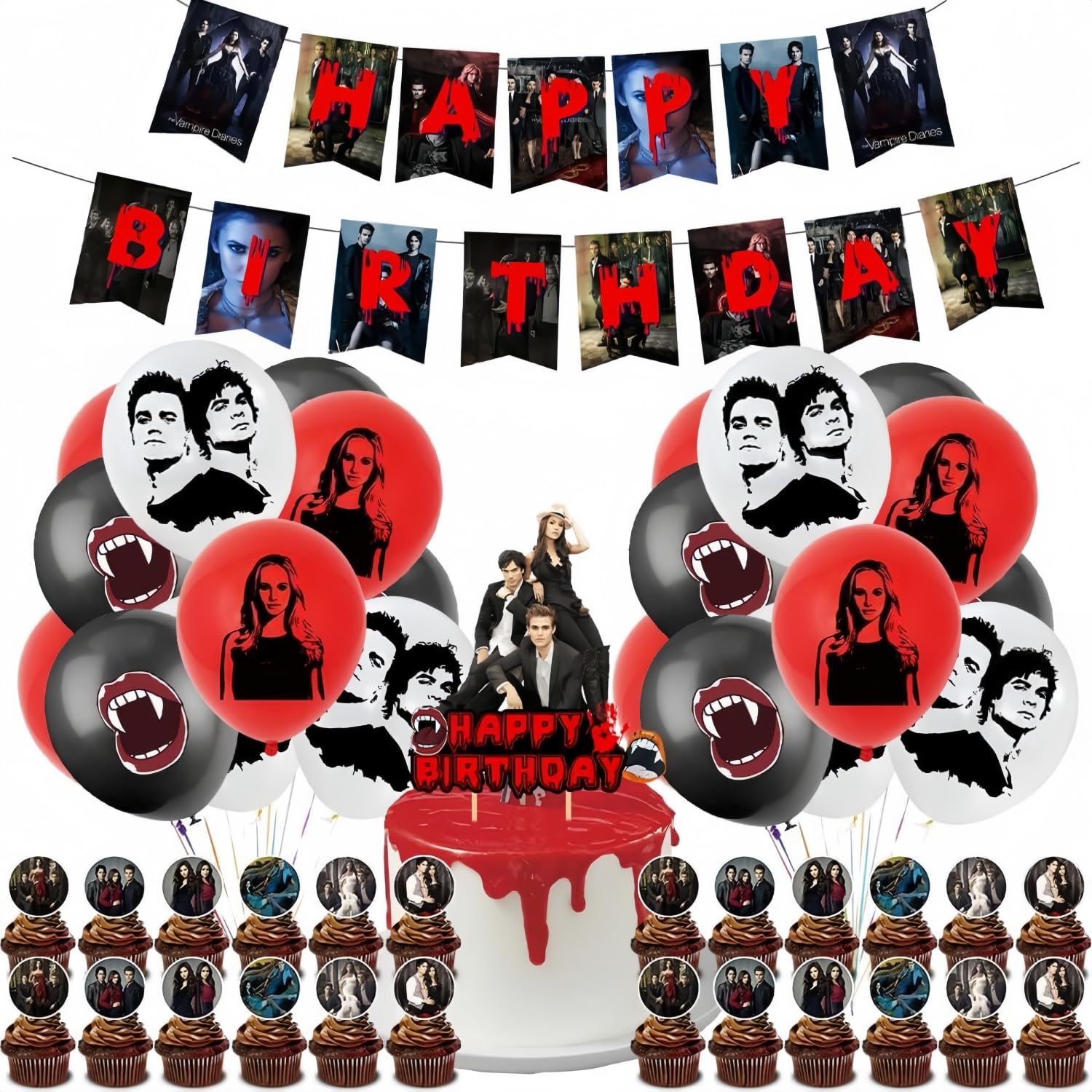 Vampire Birthday Party Supplies, 44 Pieces Decoration, Halloween Themed Birthday Accessories, Bloody Banner, Classic Movie Balloons, Cake Topper for Adults, Halloween Party Decorations